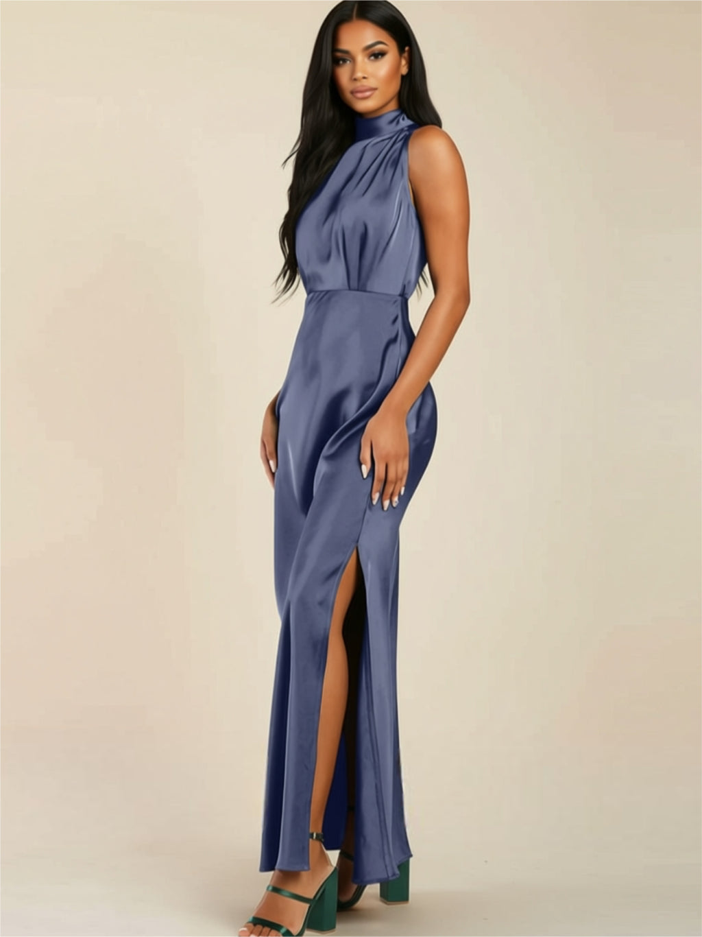 Elegant Satin High Neck Maxi Dress