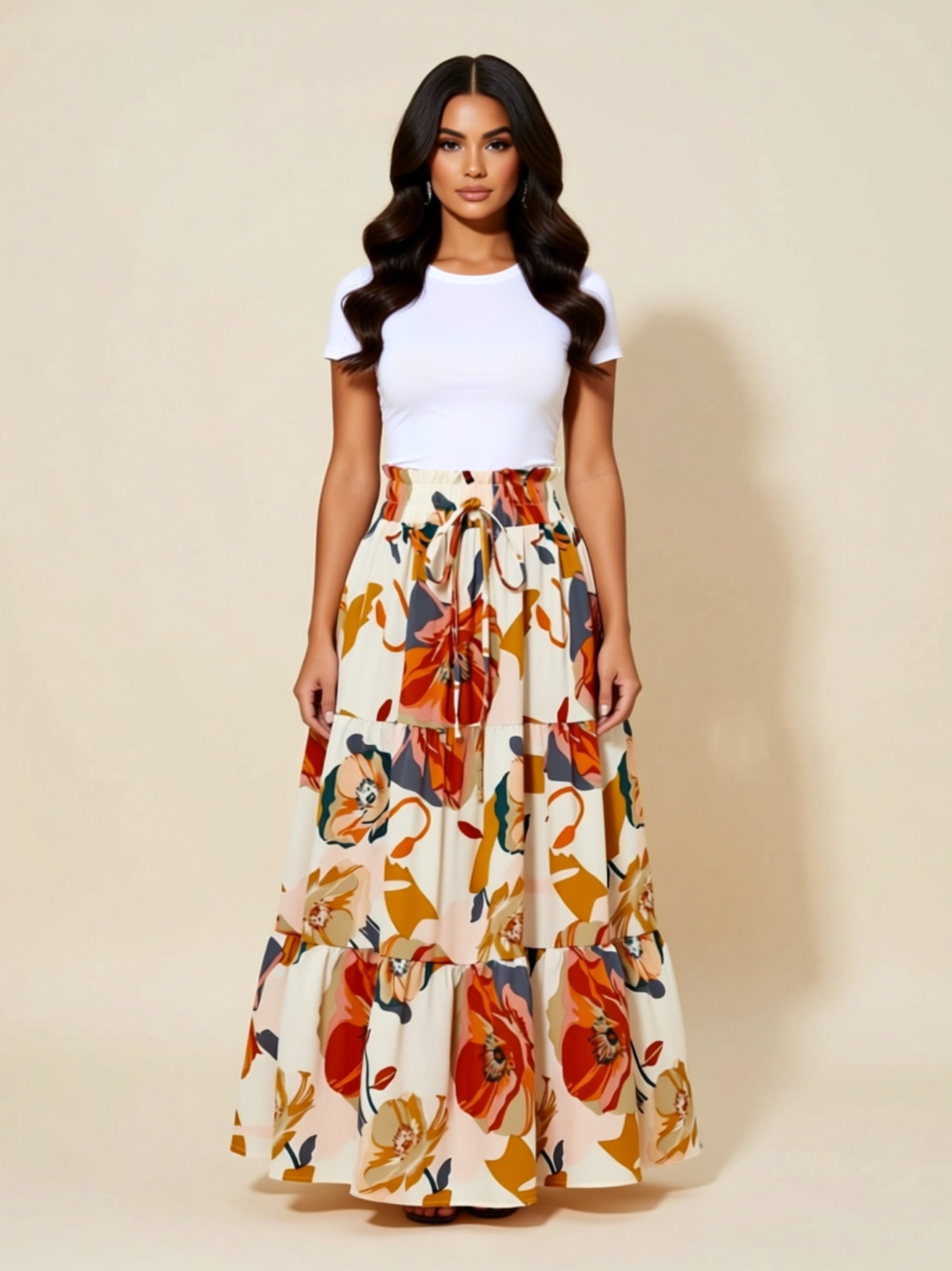 Floral Print Drawstring Maxi Skirt