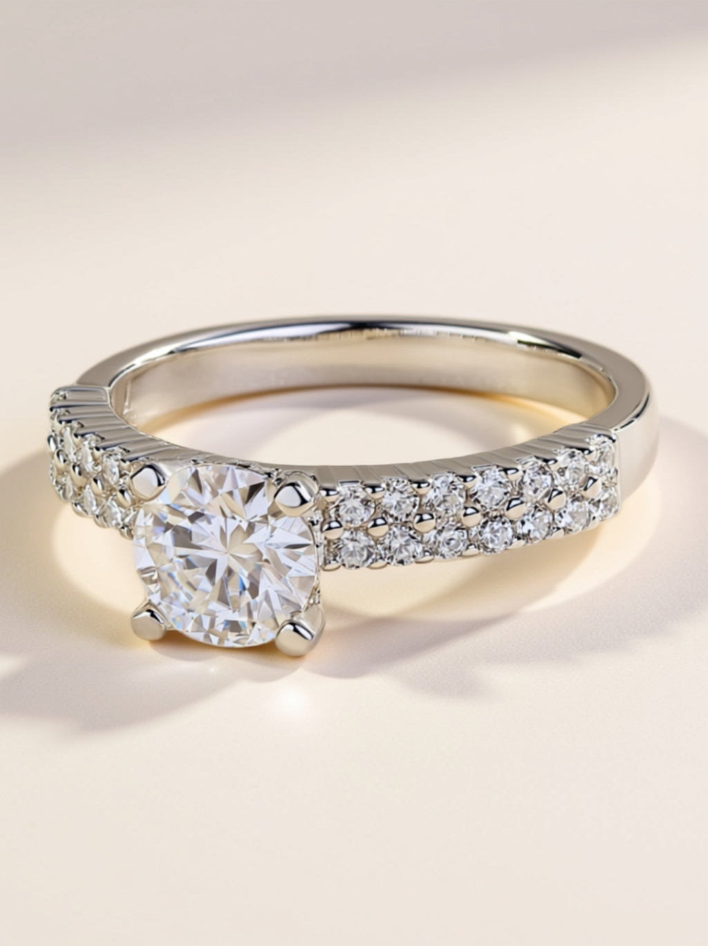 1 Carat Moissanite Engagement Ring – Round‑Cut Solitaire with Double Pavé Band