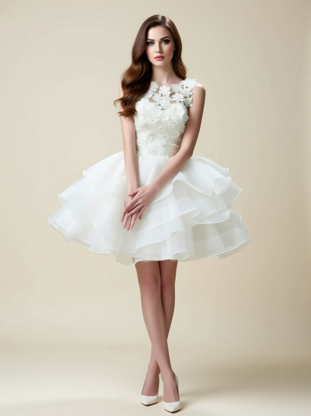 Ivory Short Ruffle Party Dress with 3D Floral Lace Bodice