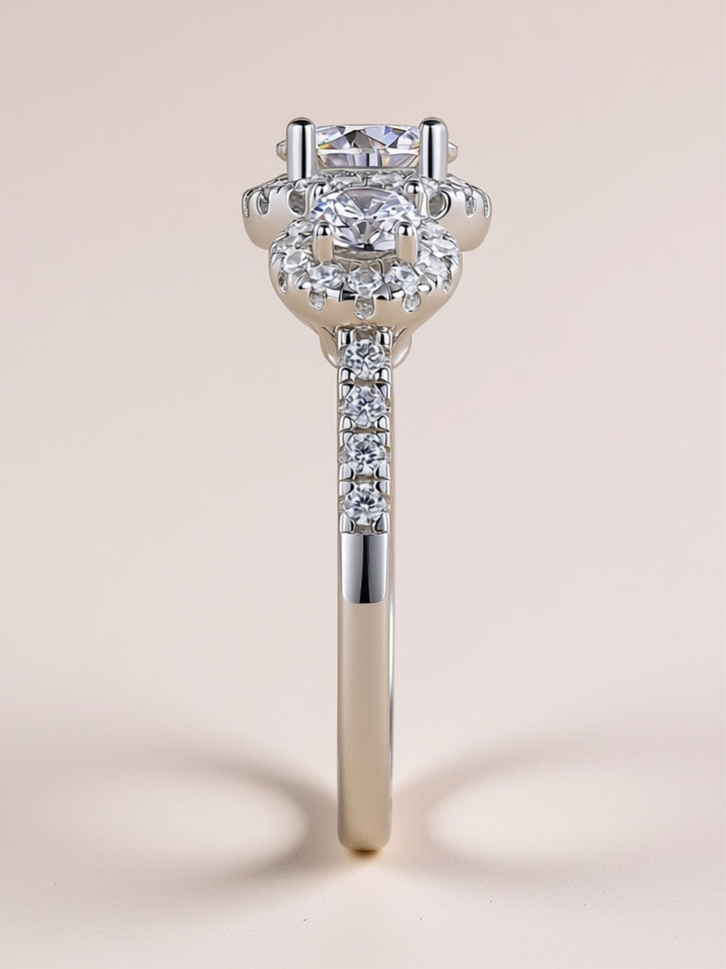 1CT Three‑Stone Moissanite Halo Engagement Ring