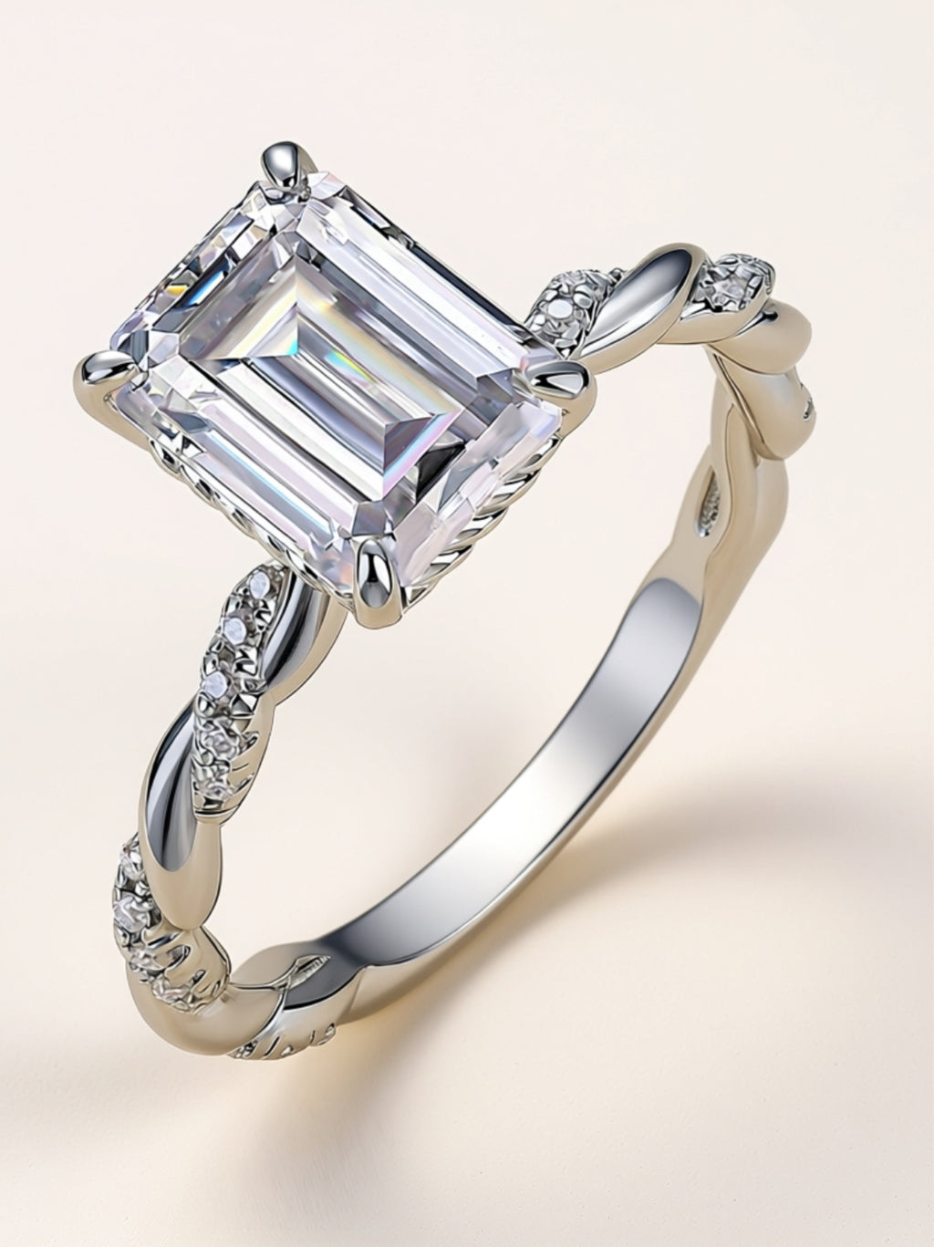 Moissanite Engagement Ring – Emerald Cut Solitaire with Twisted Pavé Band