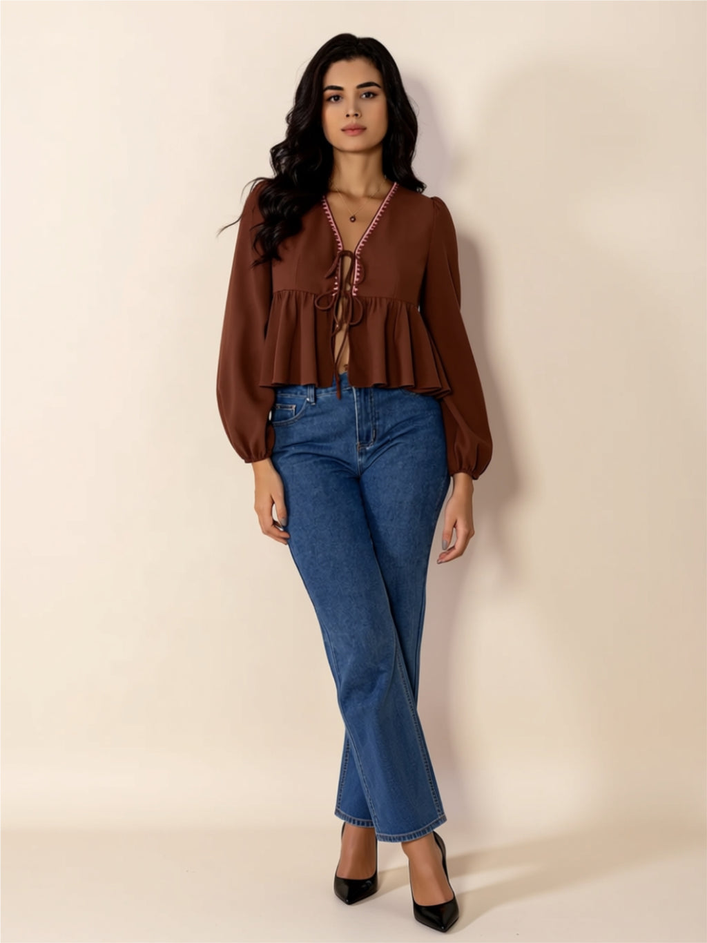 Ruched Tie-Front Peplum Blouse