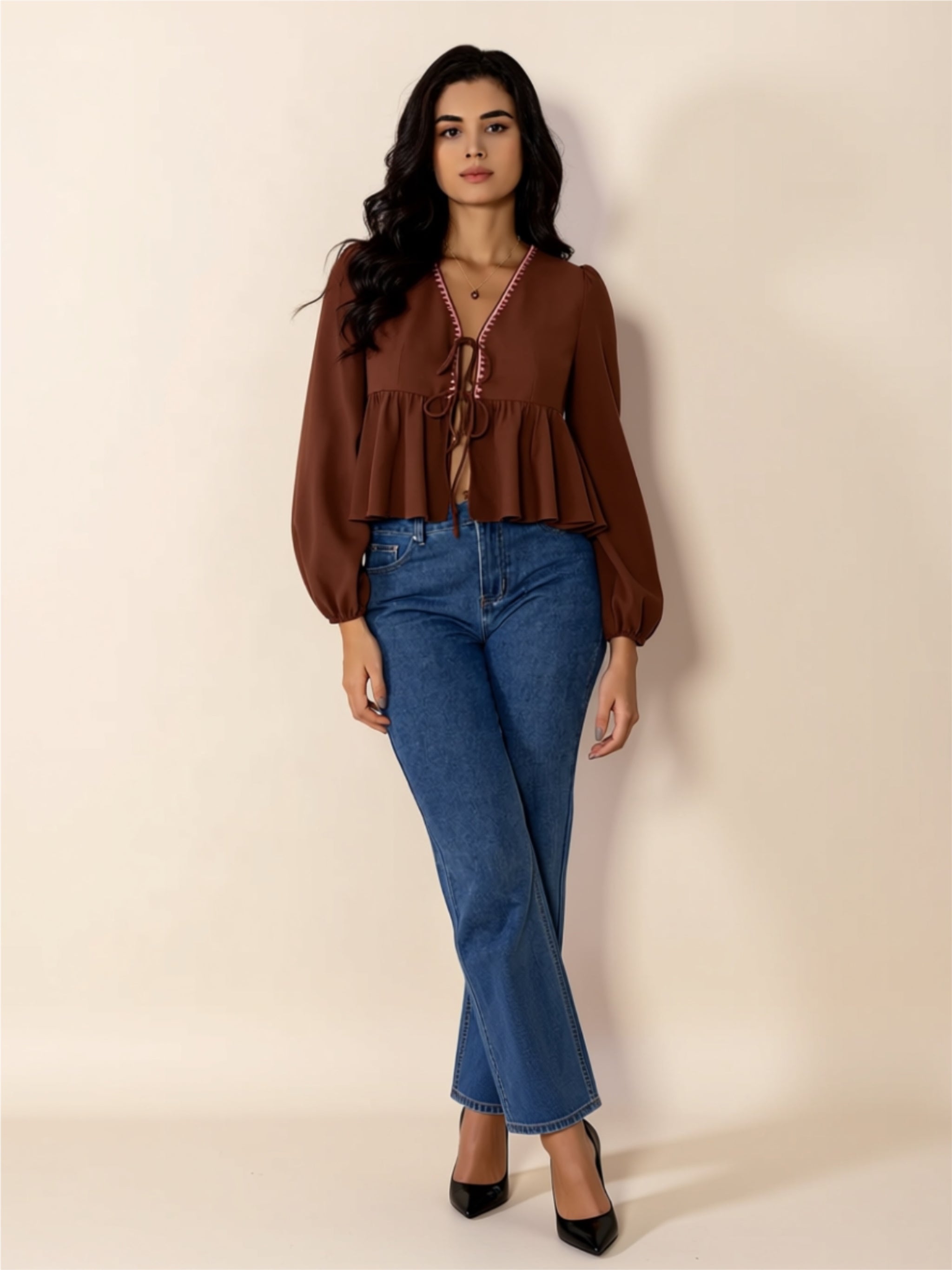 Ruched Tie-Front Peplum Blouse