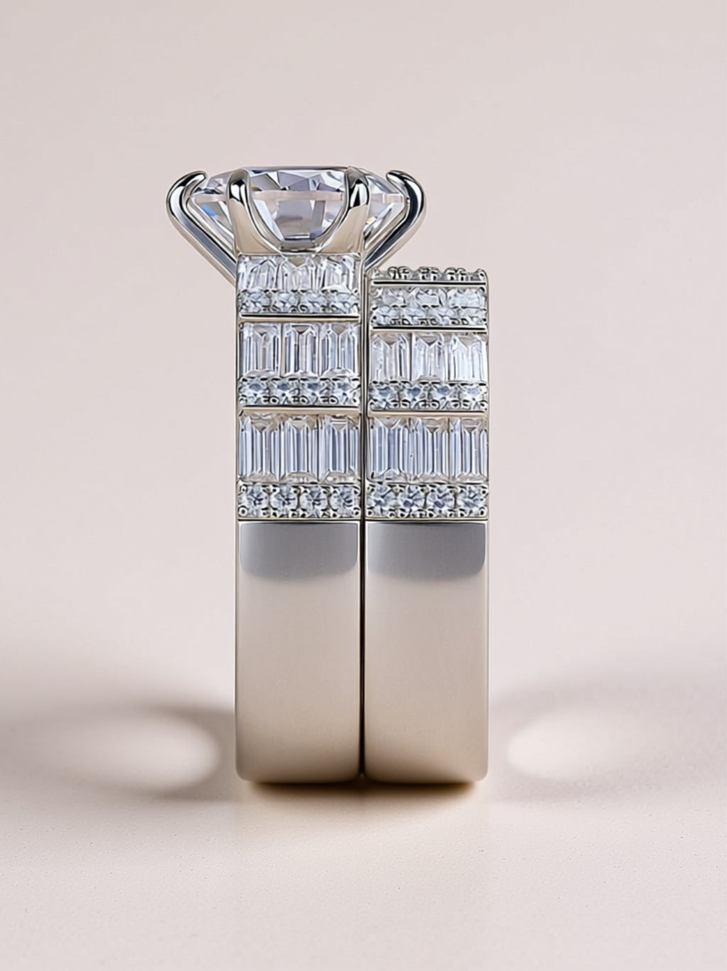 3CT Round Moissanite Bridal Ring Set - Baguette Eternity Wedding Band & Solitaire Engagement Ring