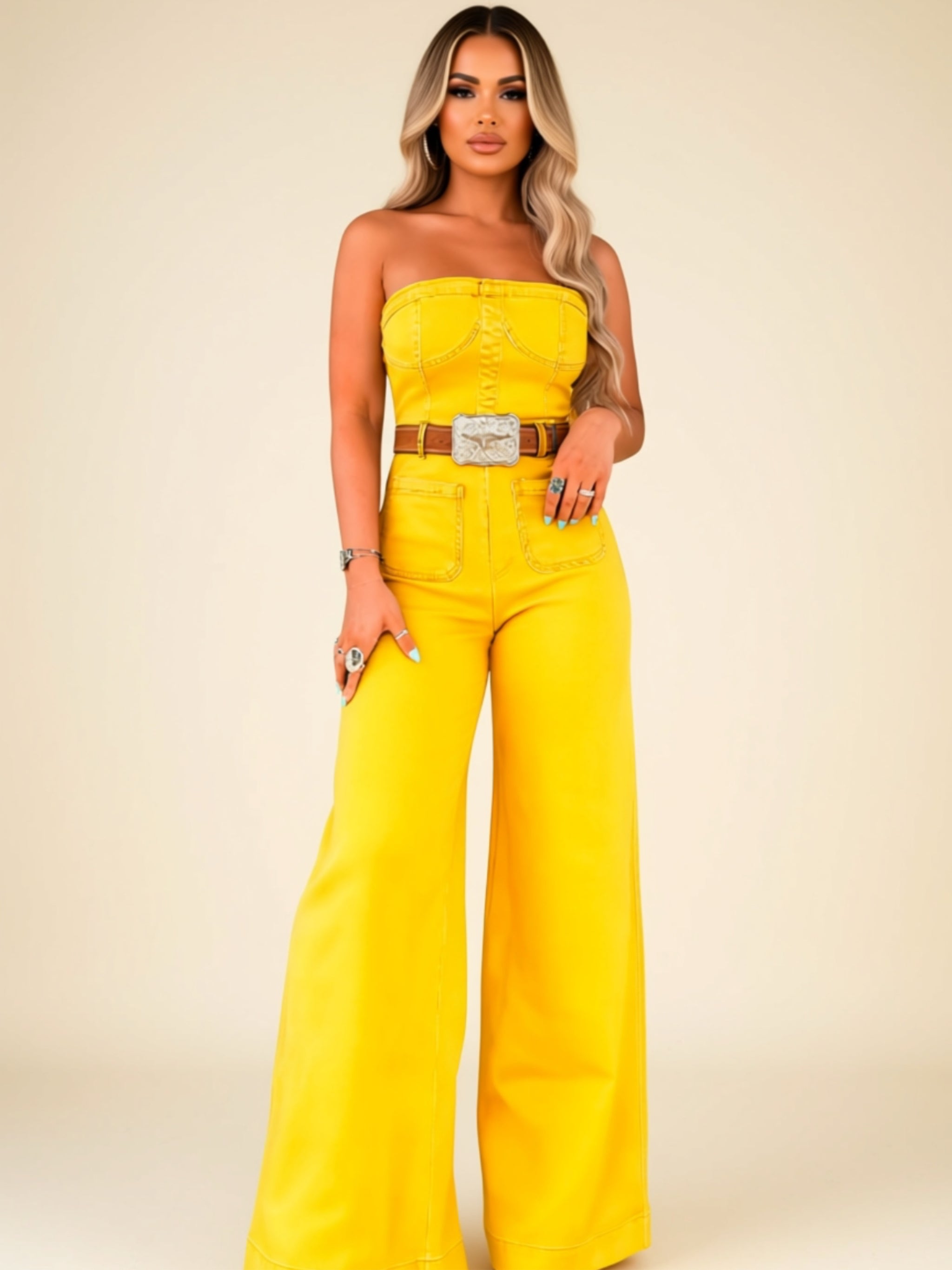 Strapless Wide-Leg Jumpsuit with Denim-Style Stitching Print