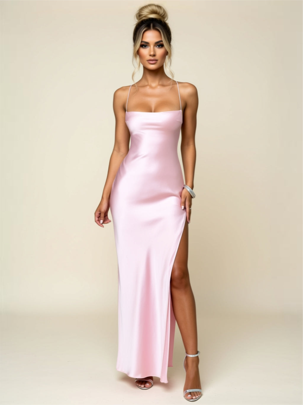 Satin Spaghetti Strap Maxi Dress with High Thigh Slit –