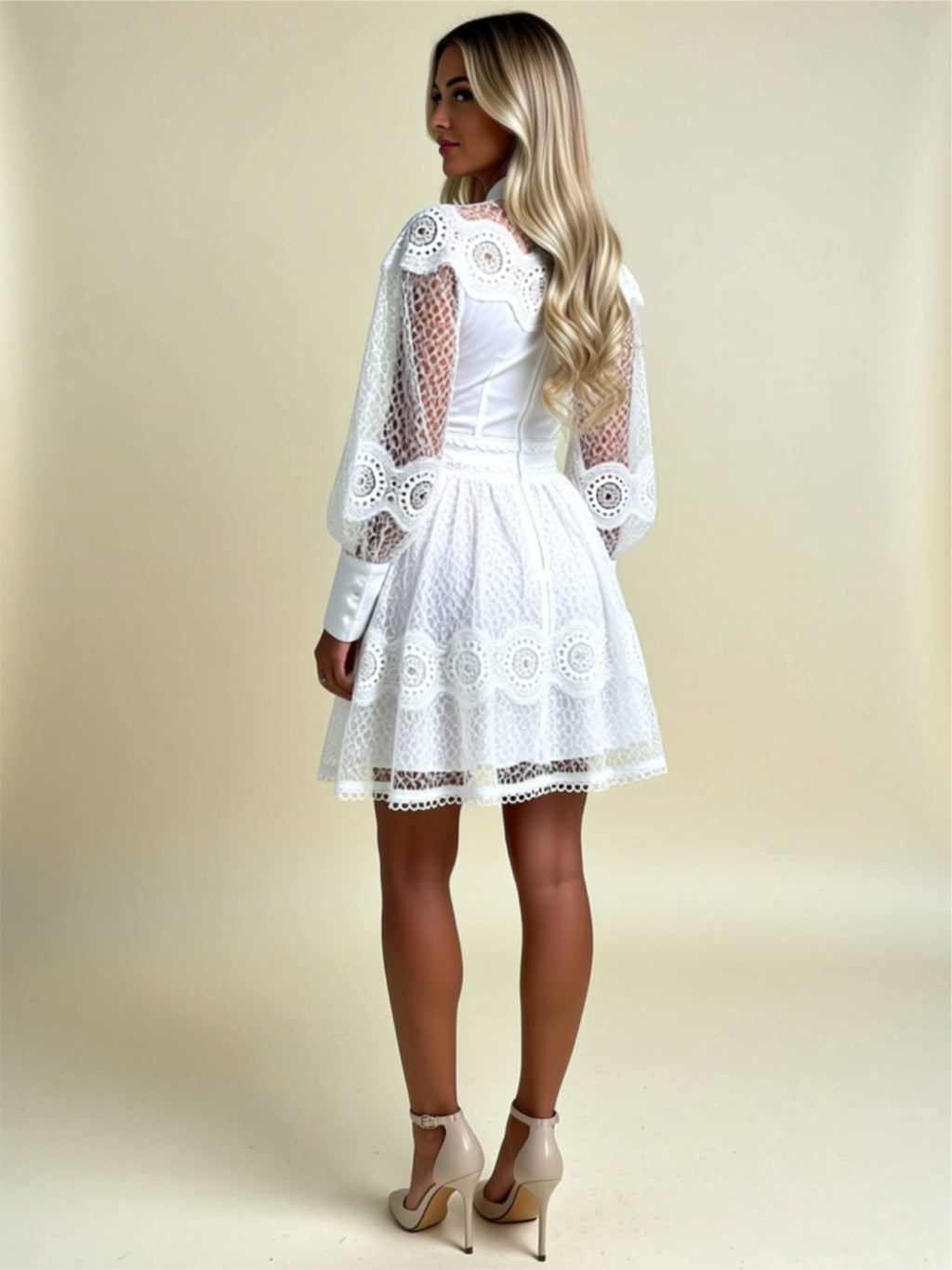 Elegant Lace Buttoned Mini Dress with Ruffled Skirt & Sheer Sleeves