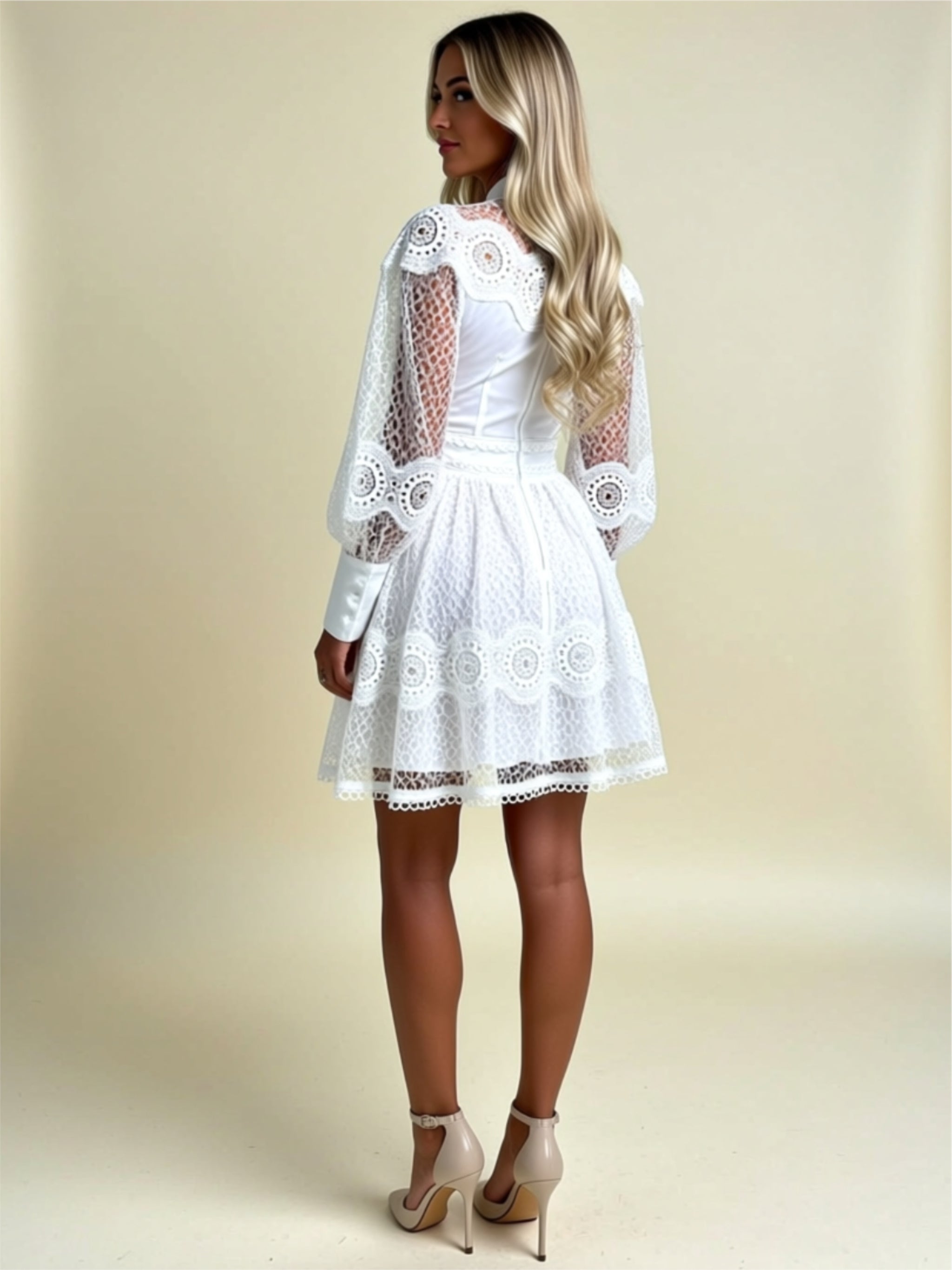 Elegant Lace Buttoned Mini Dress with Ruffled Skirt & Sheer Sleeves
