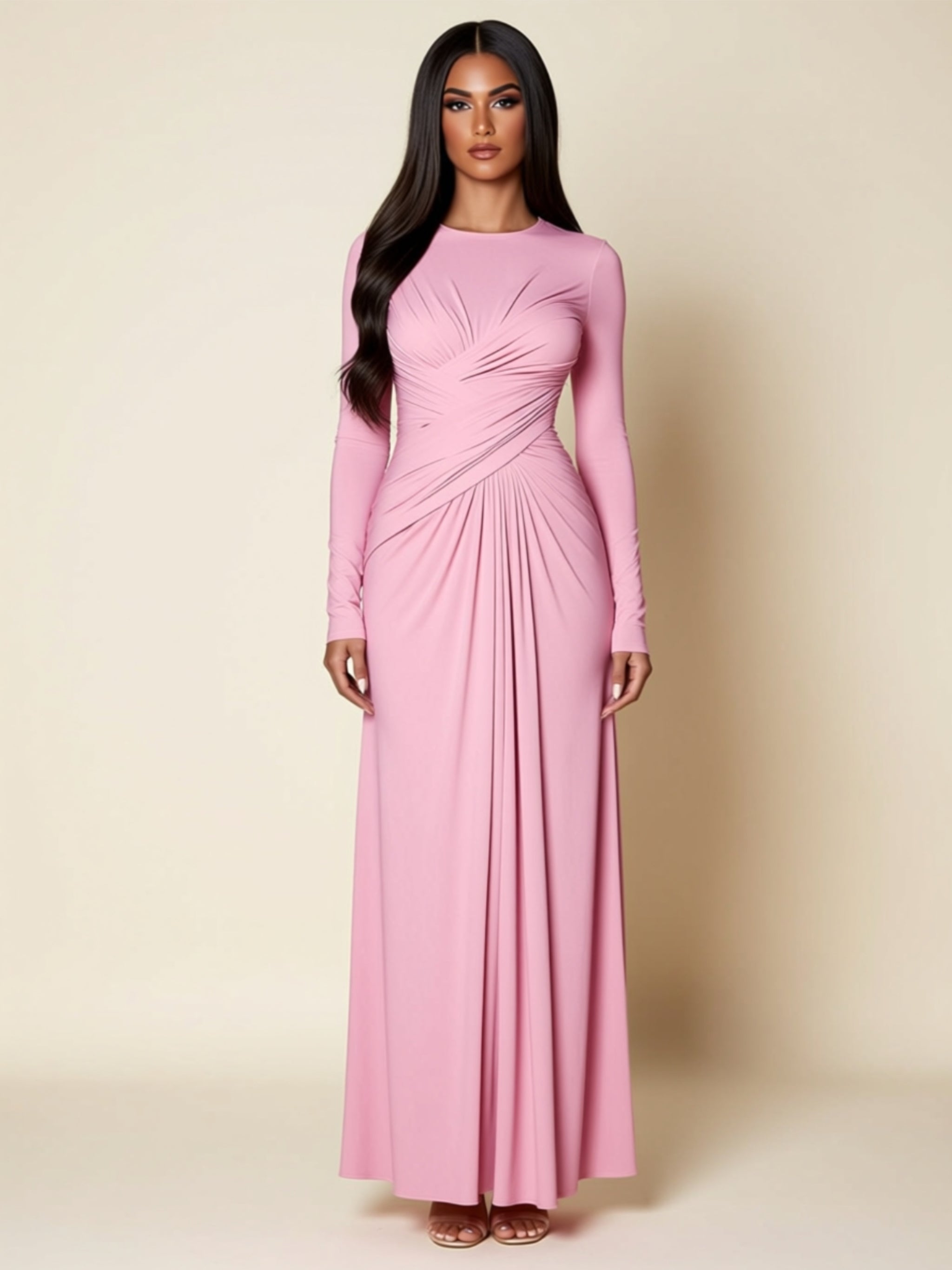 Pink High‑Waist Draped Maxi Dress