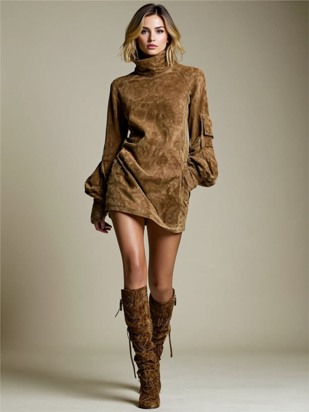 High-Neck Suede-Look Mini Dress