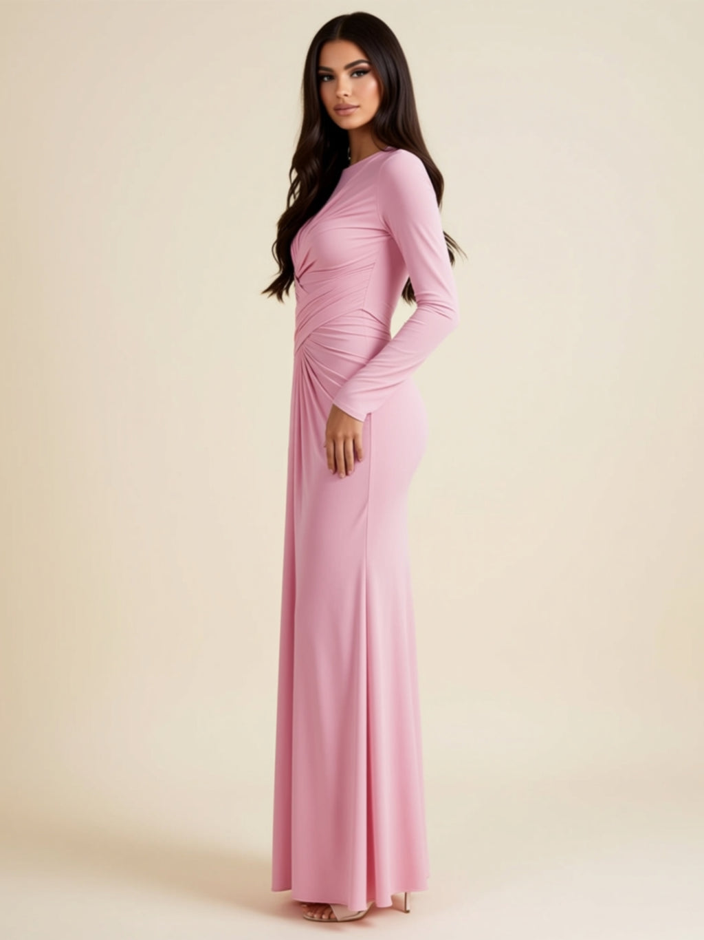 Pink High‑Waist Draped Maxi Dress