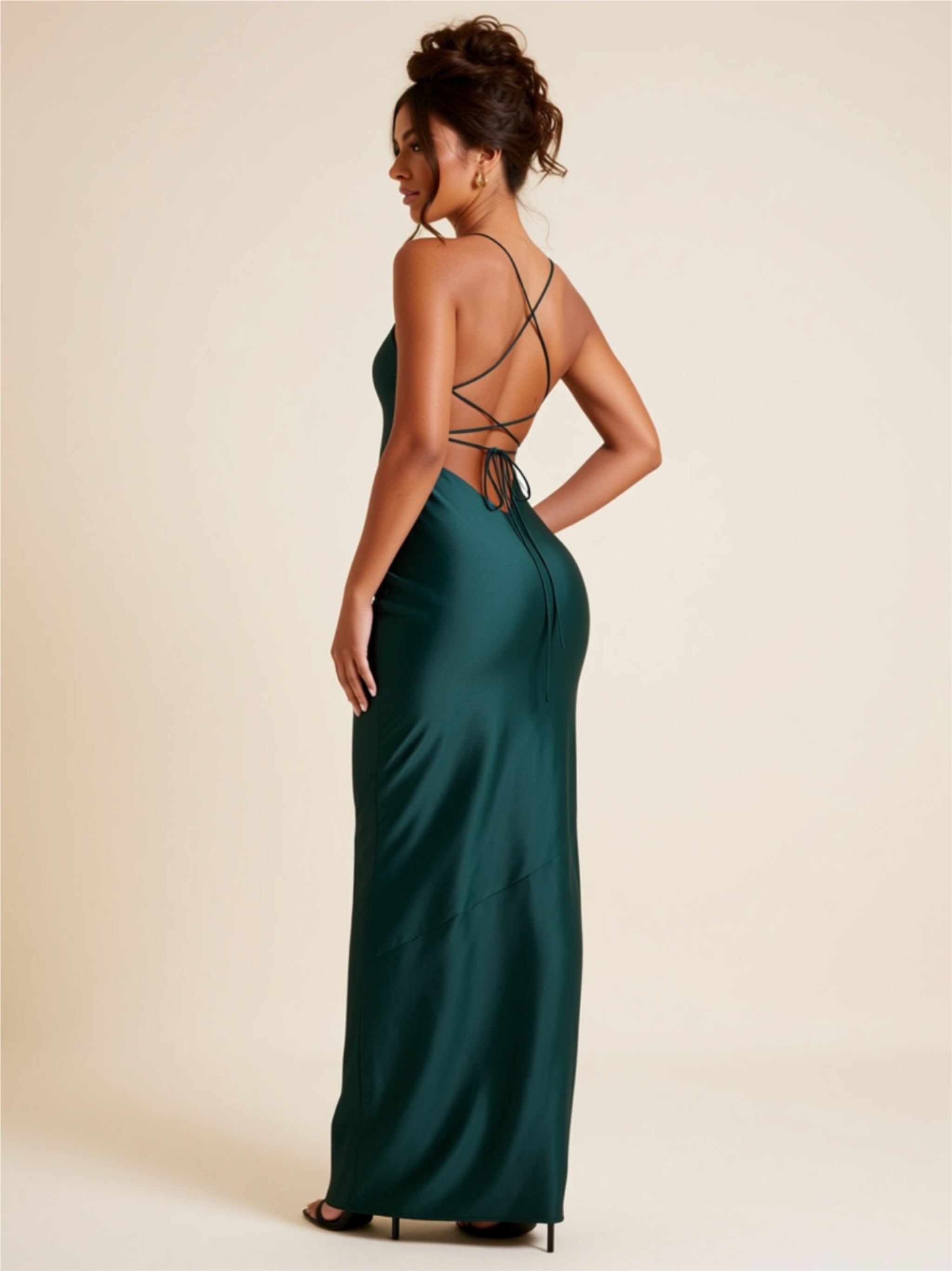 Satin Spaghetti Strap Maxi Dress with High Thigh Slit –