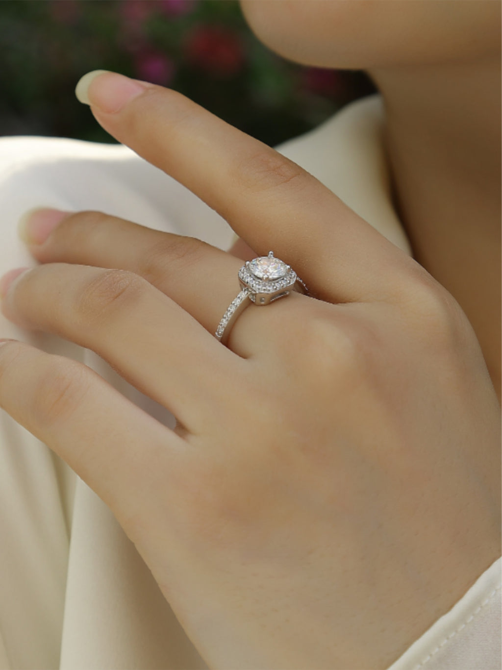 S925 Platinum‑Plated 1‑Carat Moissanite Halo Engagement Ring