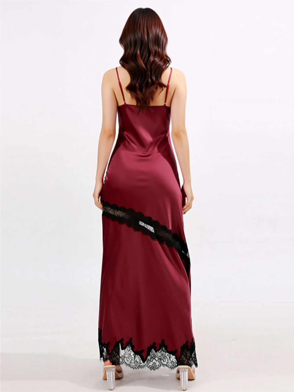 Burgundy Satin Maxi Dress with Black Lace Trim & High Slit