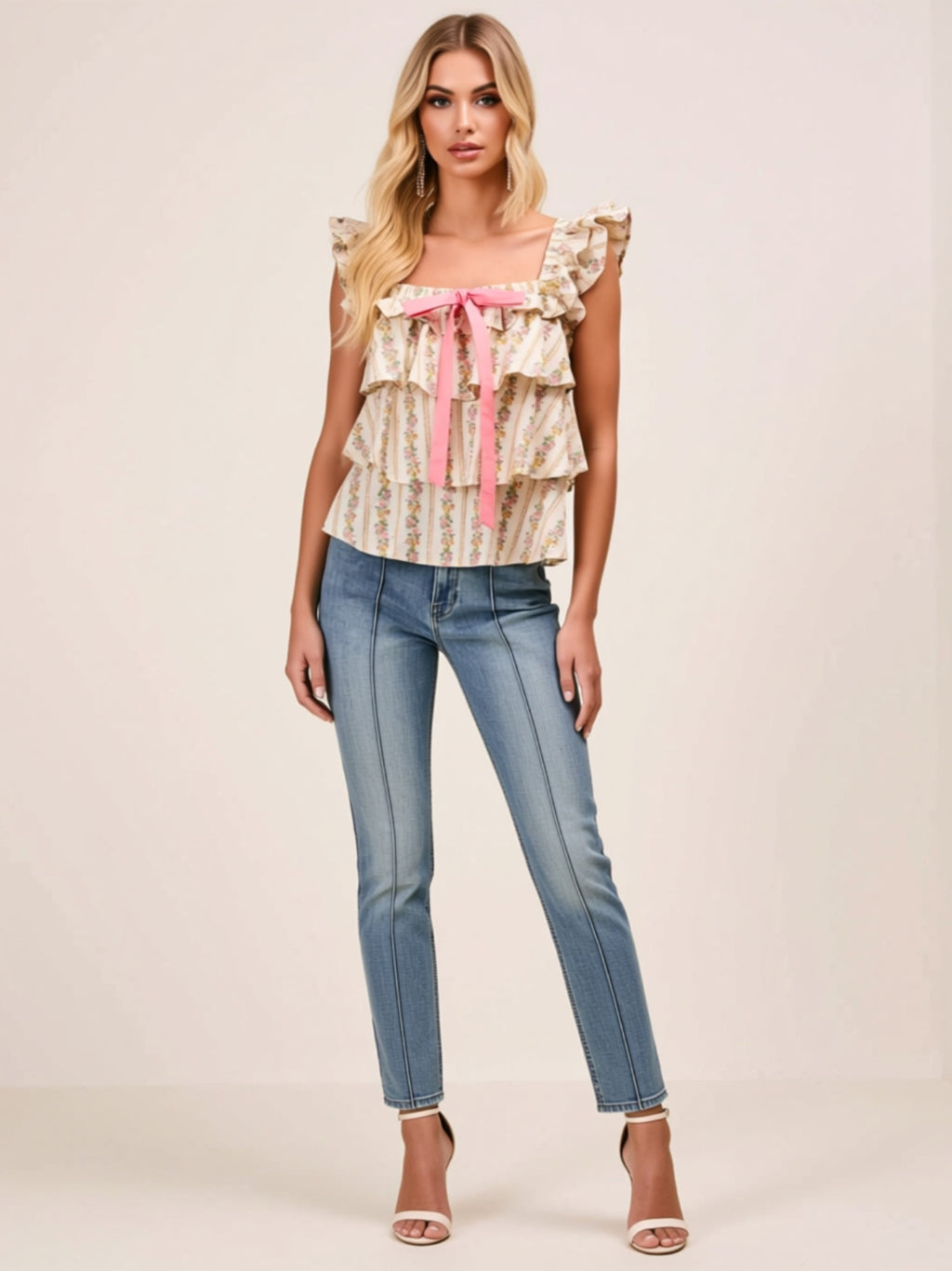 Vintage Floral Layered Ruffle Top with Front Bow Detail