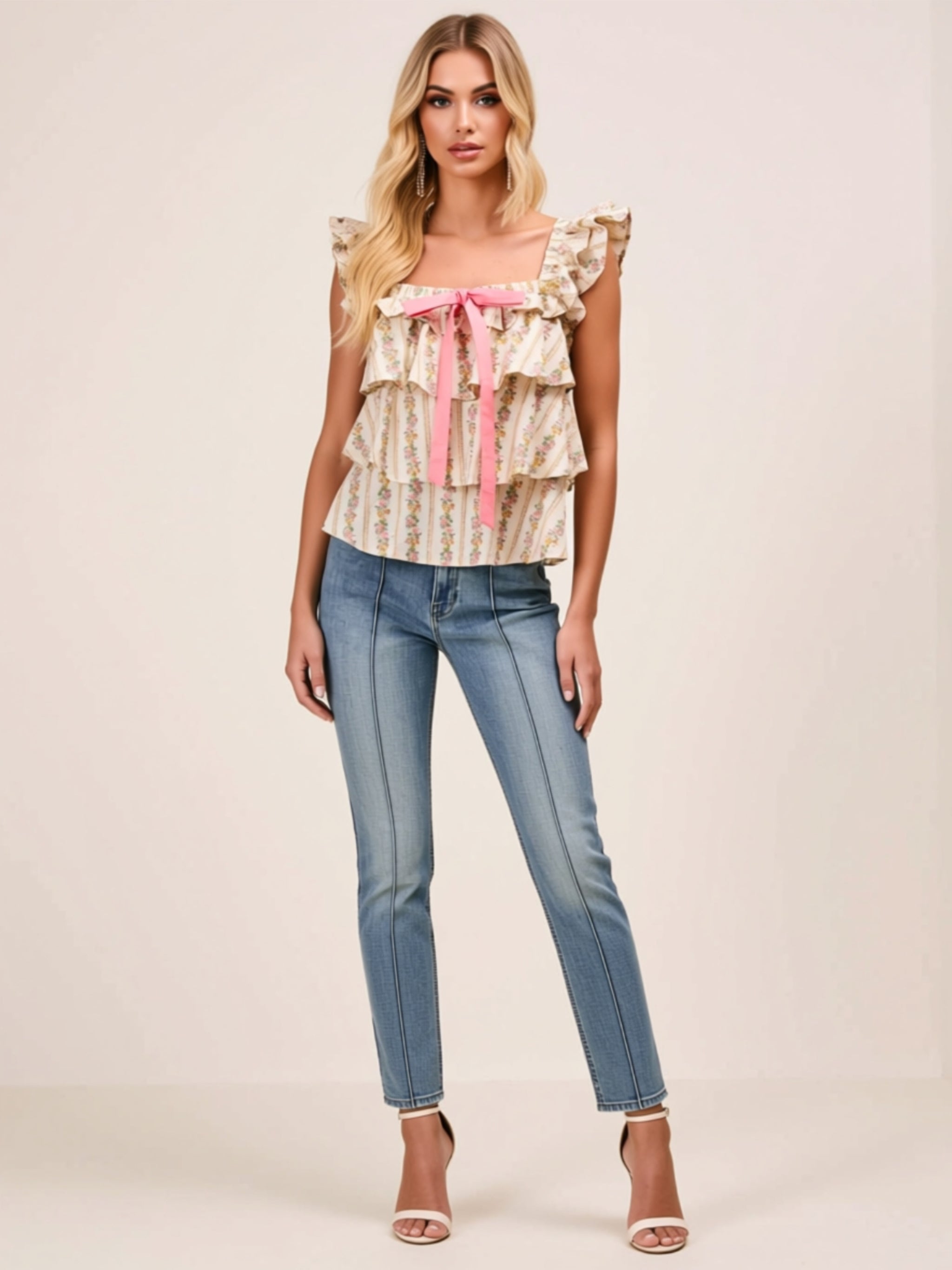 Vintage Floral Layered Ruffle Top with Front Bow Detail