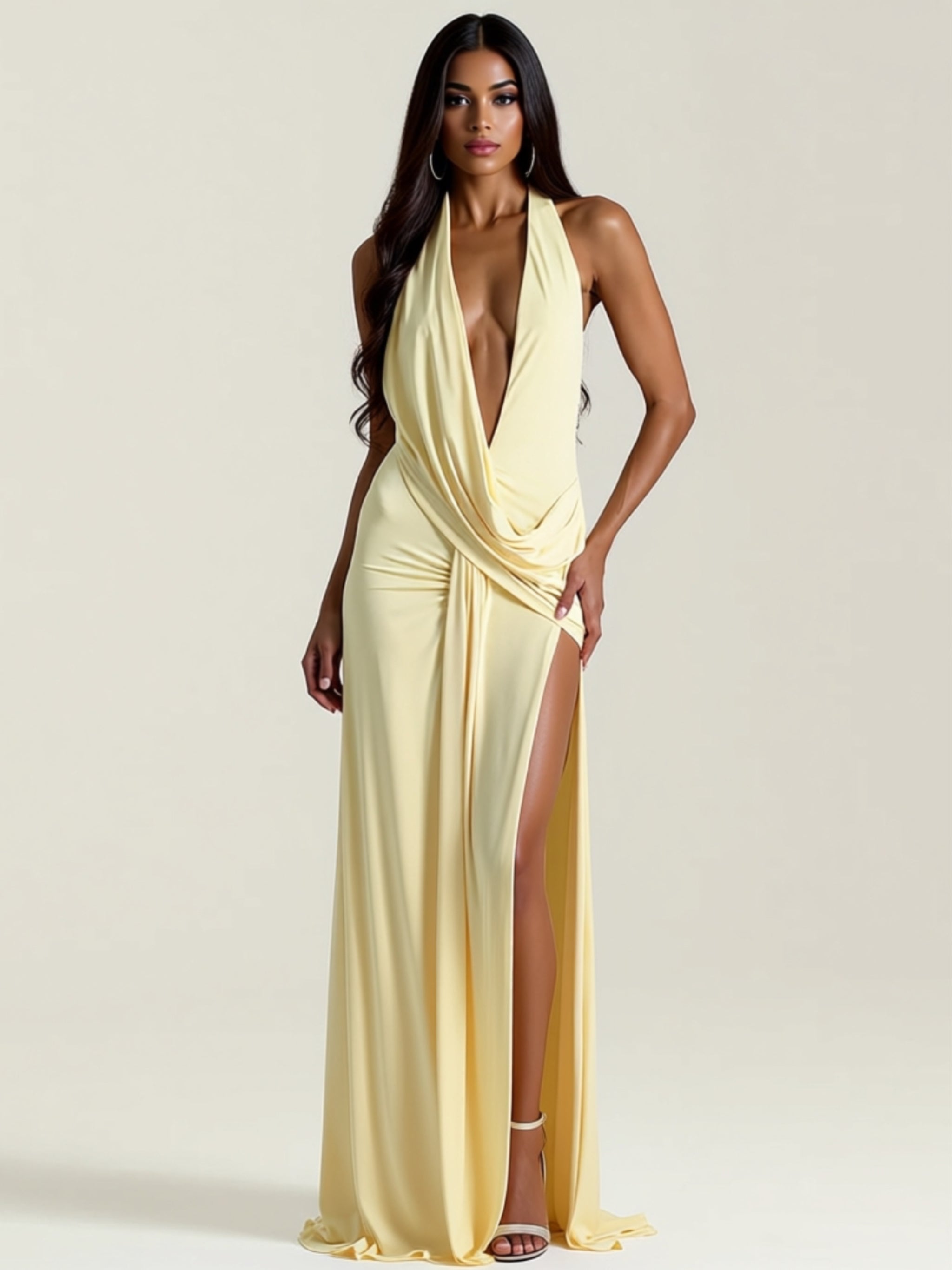 Backless Deep Plunge Draped Maxi Dress