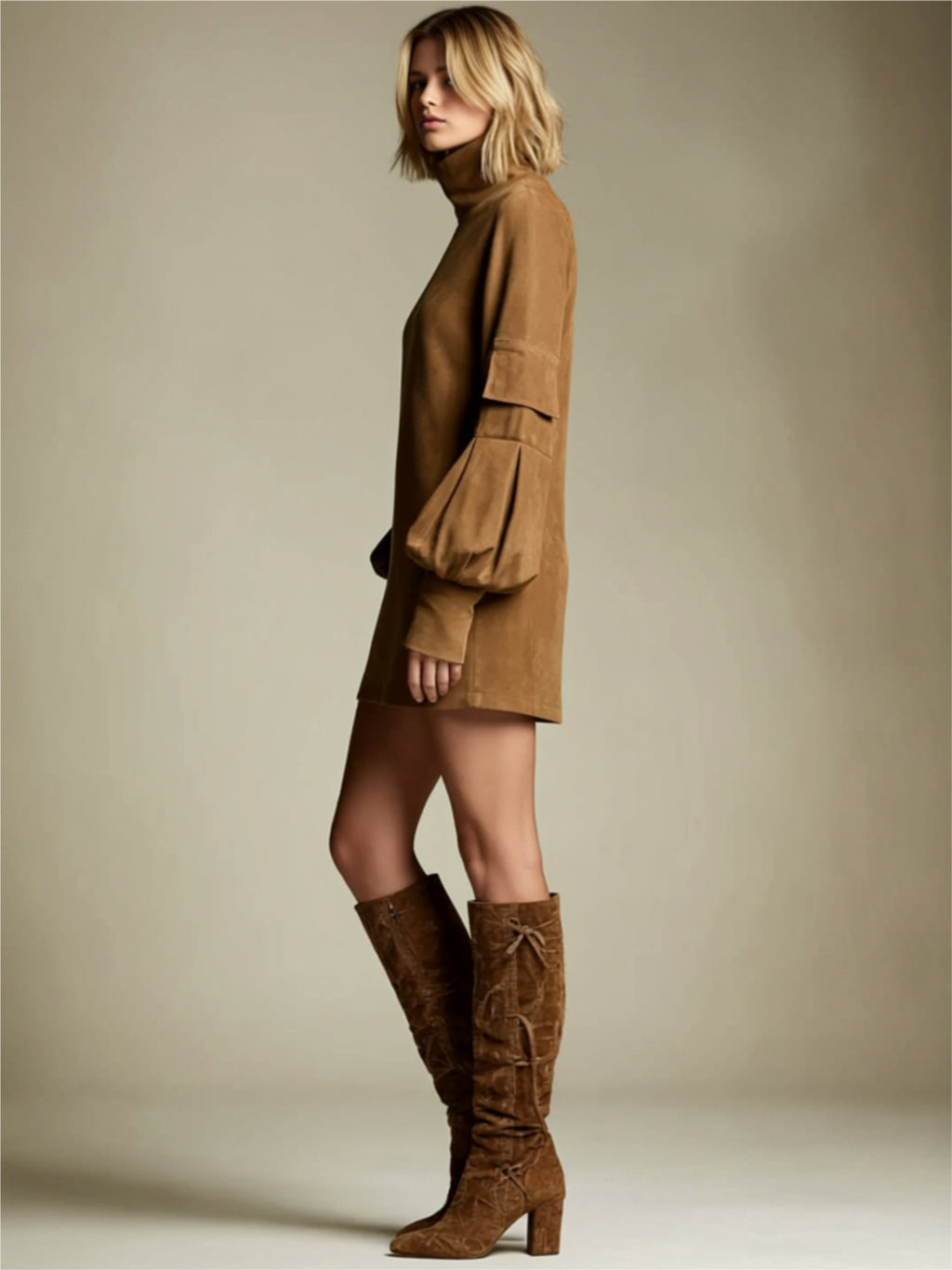 High-Neck Suede-Look Mini Dress