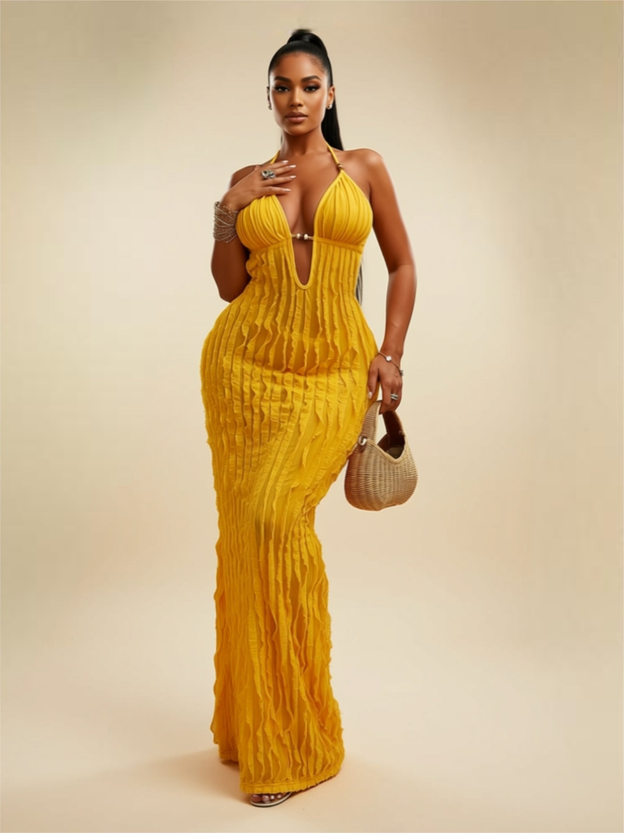 Ruched Backless Halter Maxi Dress in Vibrant Yellow