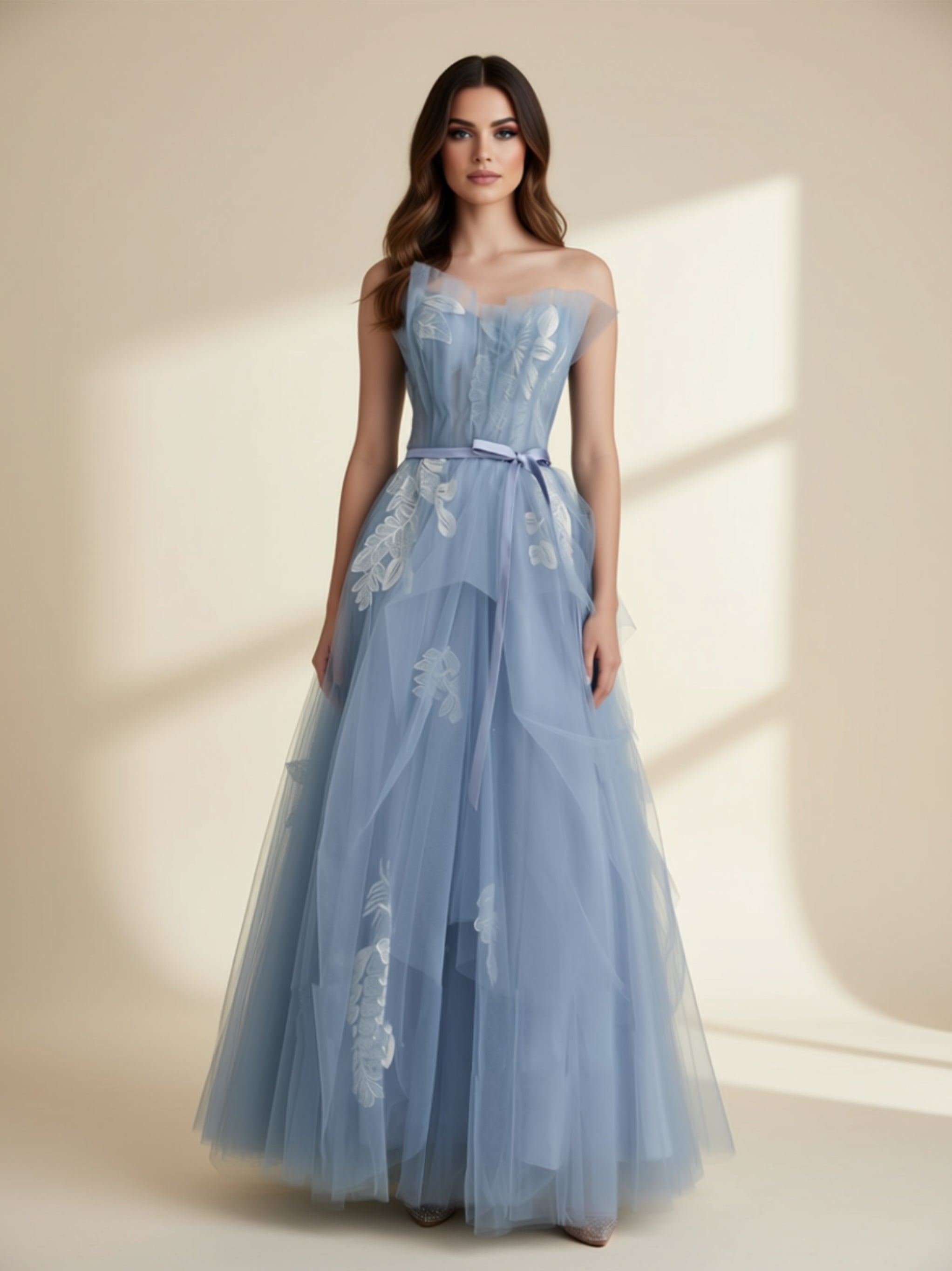 Blue Off‑Shoulder Tulle Evening Gown