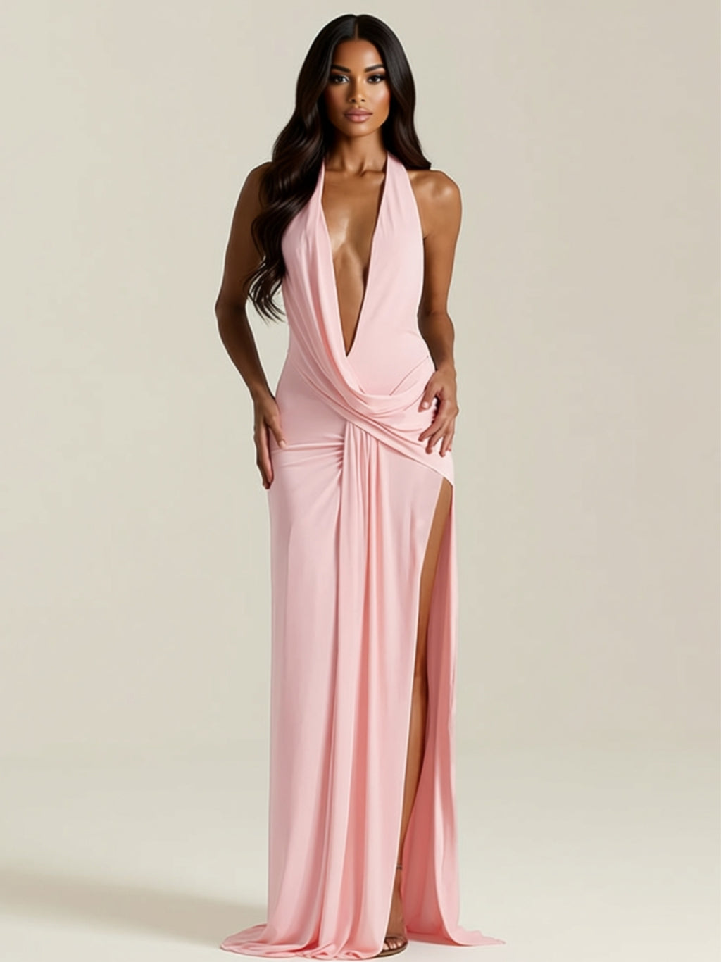Backless Deep Plunge Draped Maxi Dress