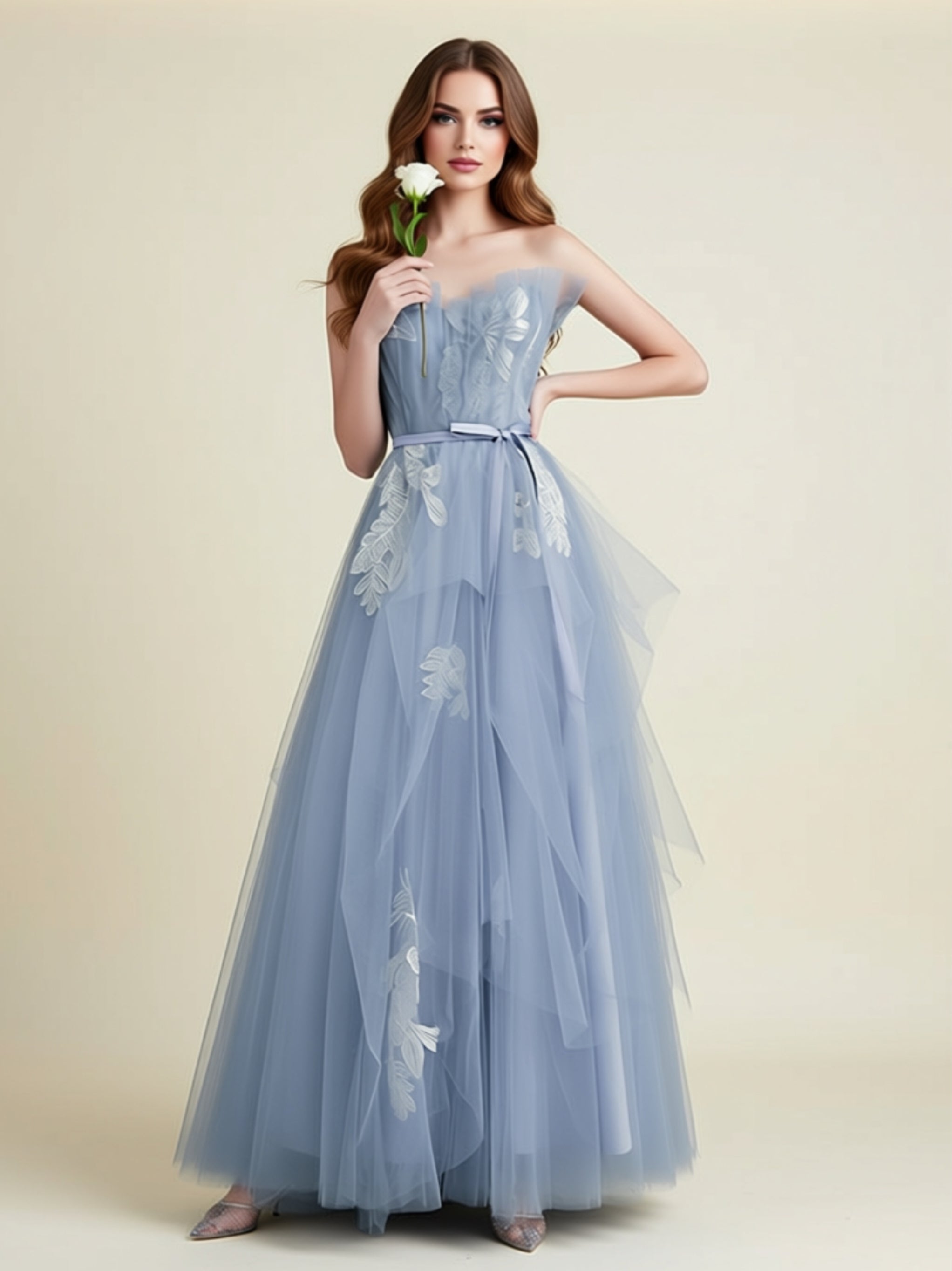 Blue Off‑Shoulder Tulle Evening Gown