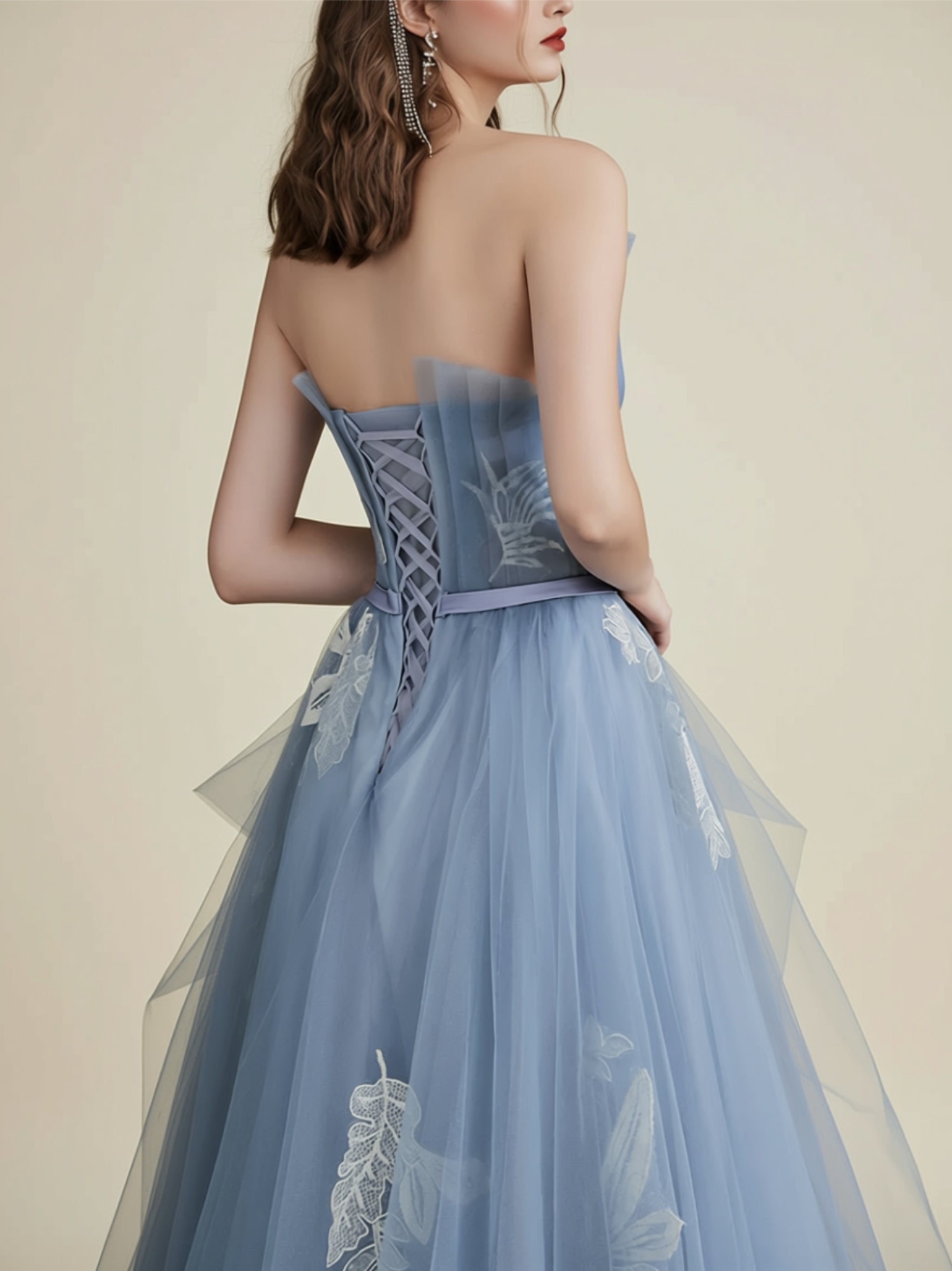 Blue Off‑Shoulder Tulle Evening Gown