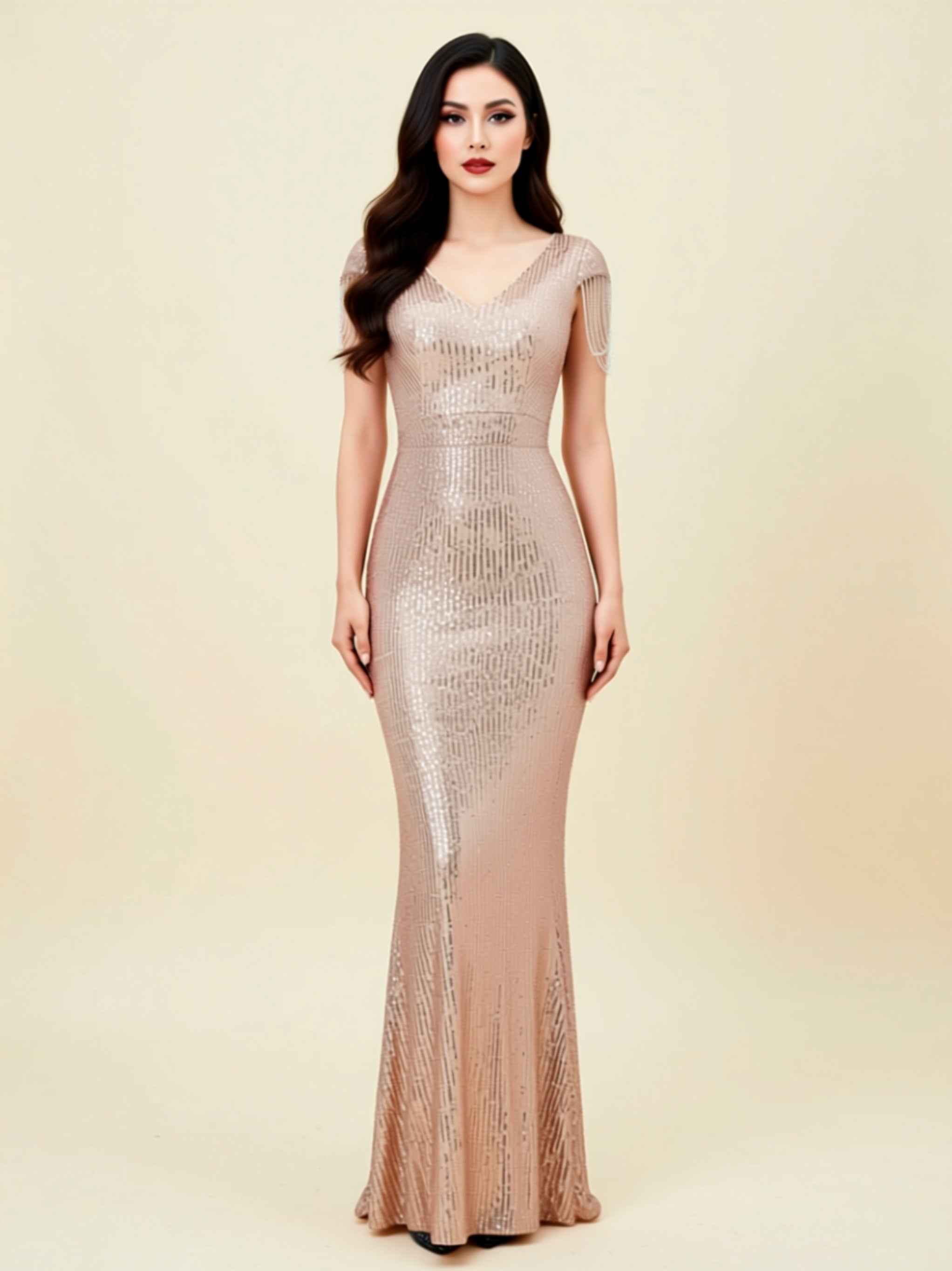 V‑Neck Sequin Stretch Maxi Gown with Beaded Shoulder Drapes
