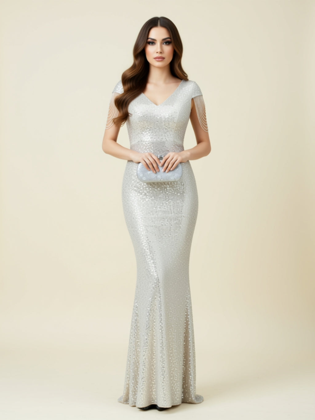 V‑Neck Sequin Stretch Maxi Gown with Beaded Shoulder Drapes