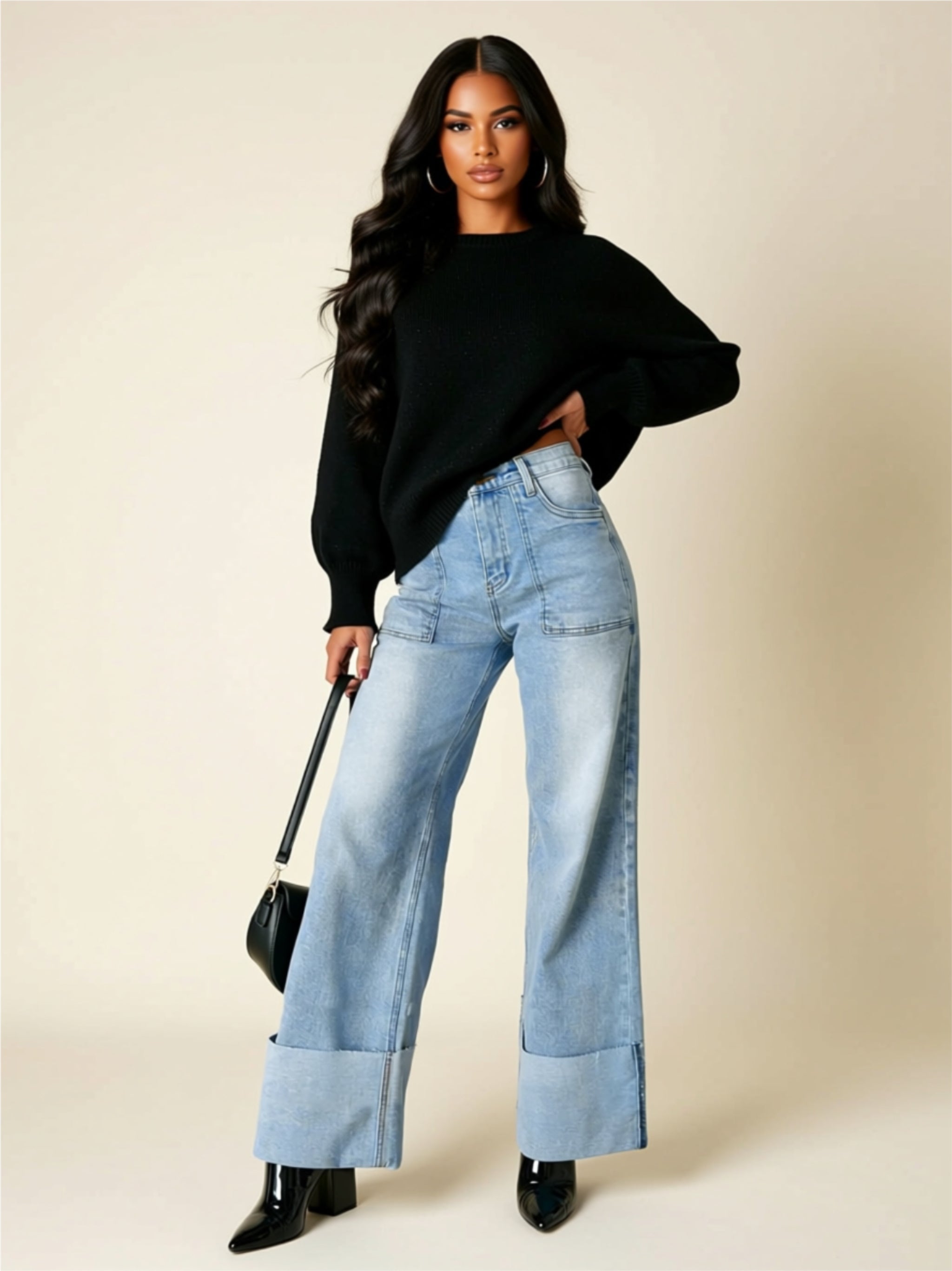 High‑Waisted Wide‑Leg Cuffed Jeans