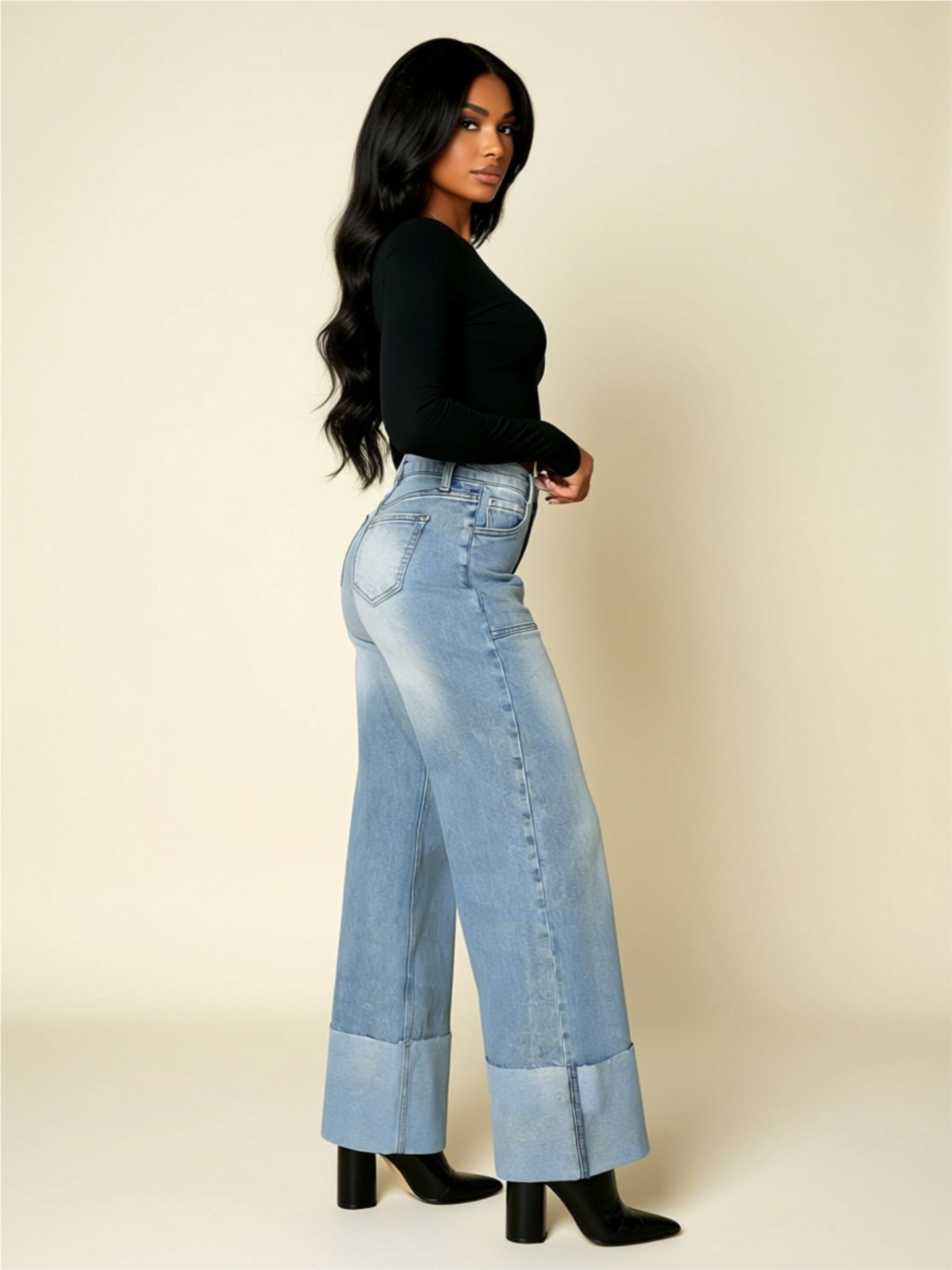 High‑Waisted Wide‑Leg Cuffed Jeans