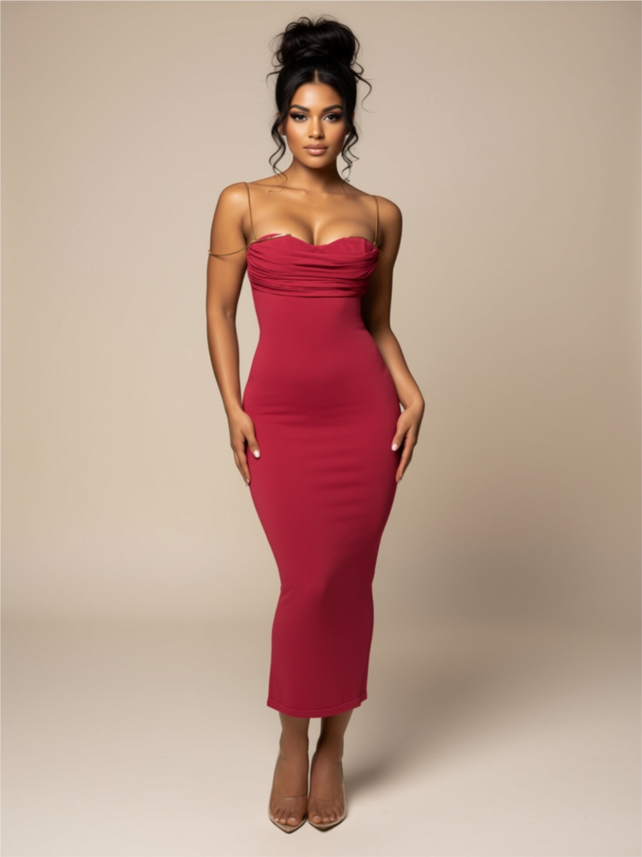 Dark Pink High Waist Ruched Bust Midi Dress