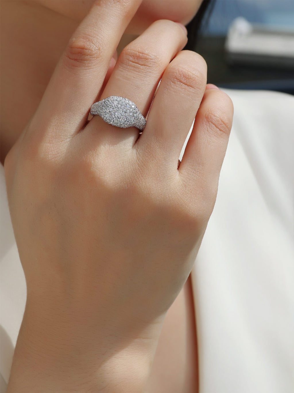 Pavé Moissanite Dome Ring in Platinum-Plated S925 Silver