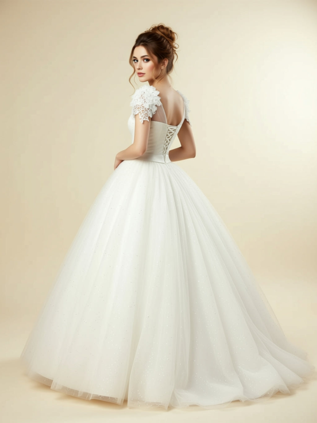Off‑Shoulder Tulle Bridal Gown with Corset Back & Full Gauze Skirt