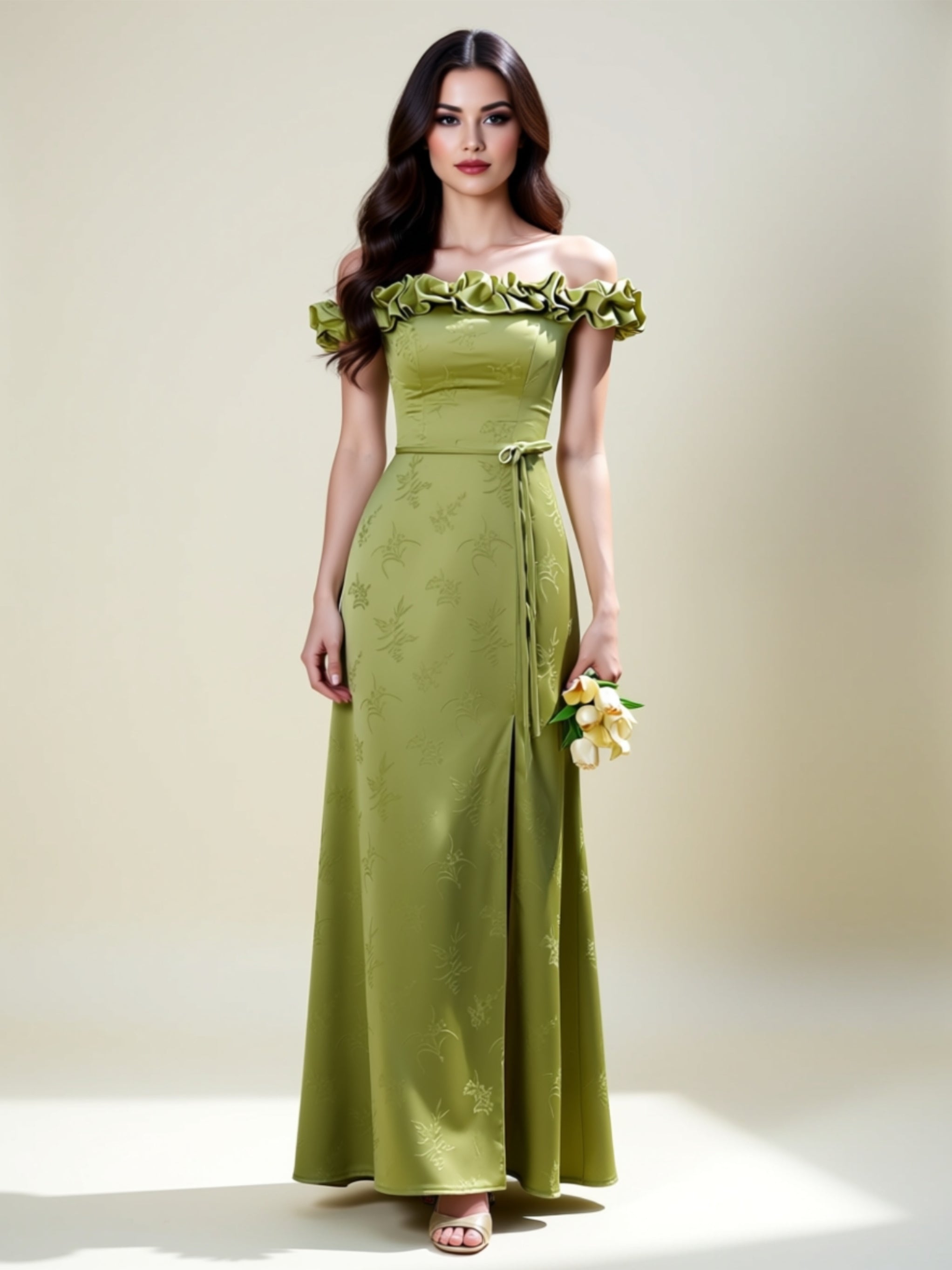 Elegant Sage Green Off‑Shoulder & Spaghetti Strap Maxi Dress with Side Slit