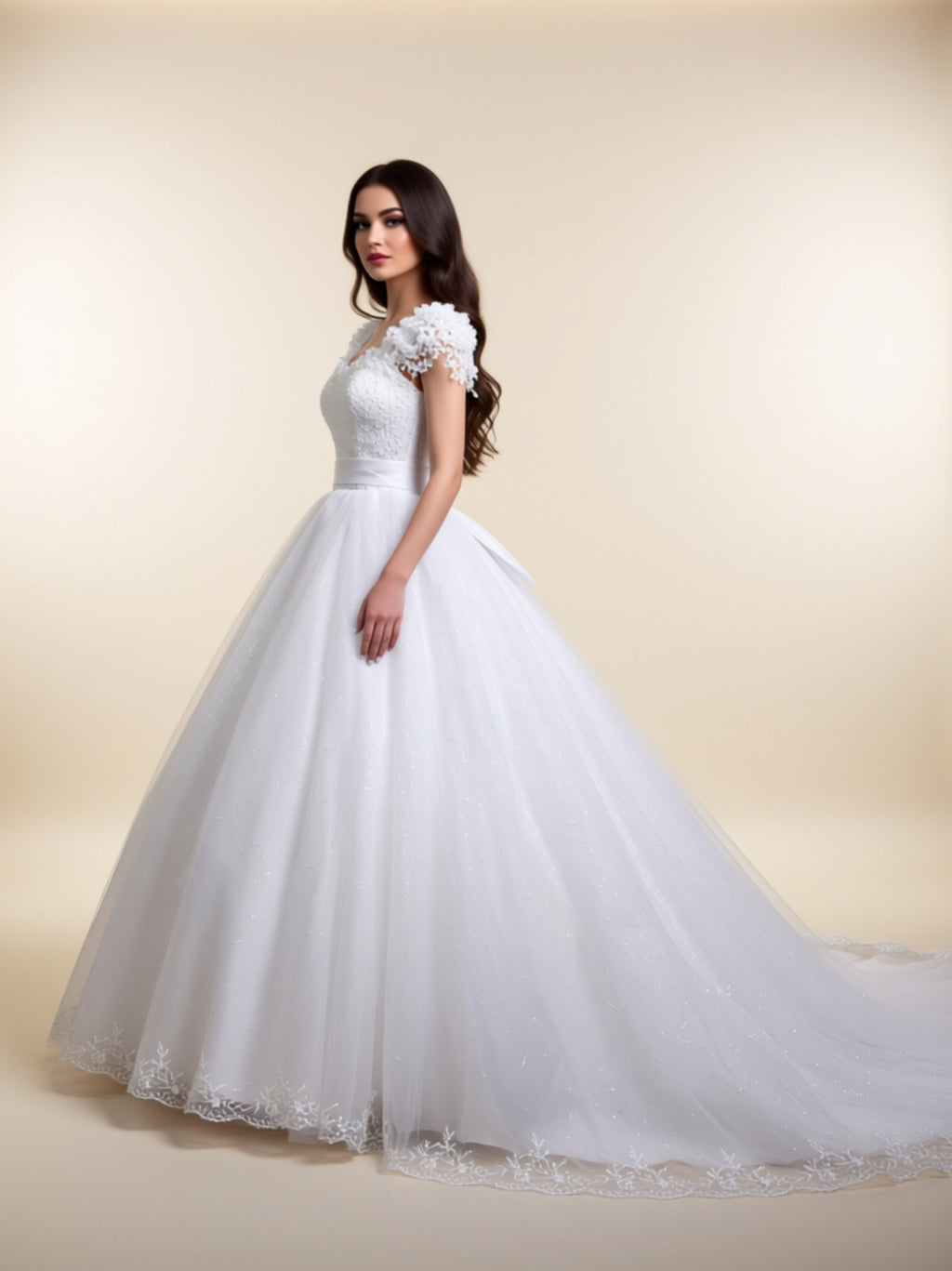 Luxury Crystal Sand Soft Mesh & Satin Ball Gown Wedding Dress with 3D Floral Sleeves and Cathedral Train
