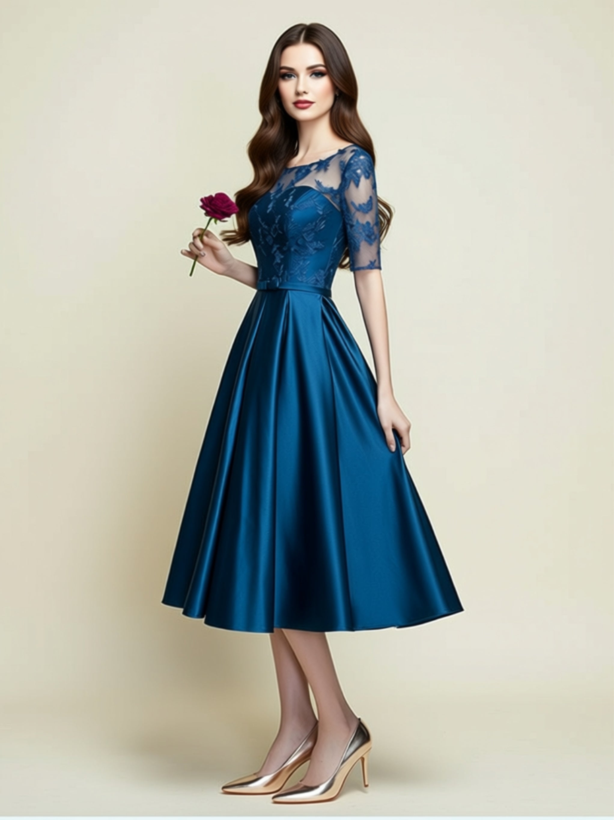 Elegant Lace Top A‑Line Midi Dress