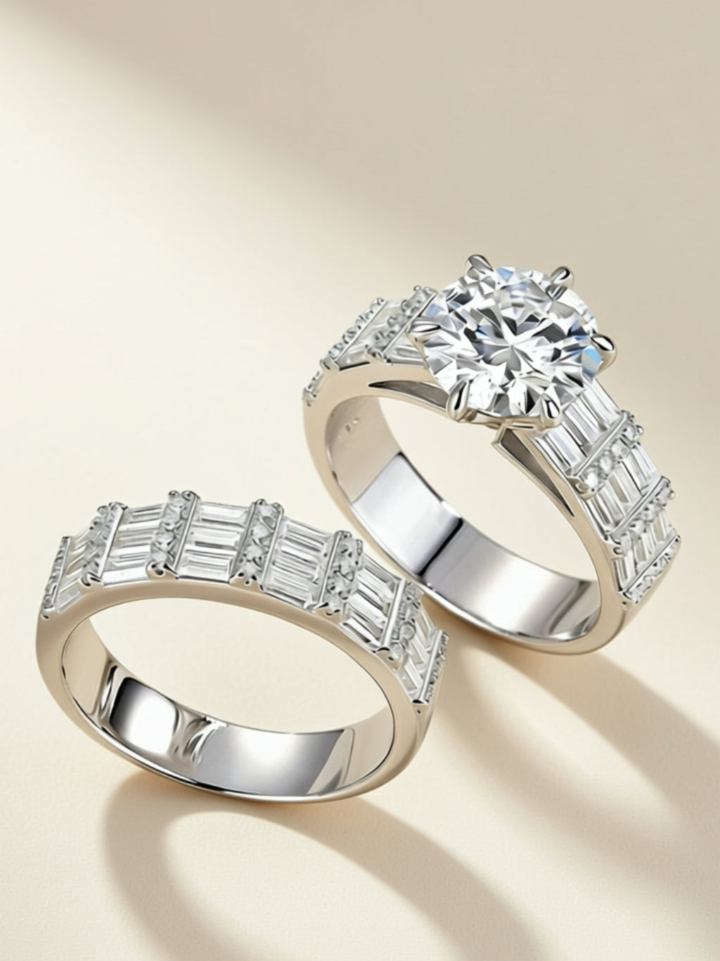 3CT Round Moissanite Bridal Ring Set - Baguette Eternity Wedding Band & Solitaire Engagement Ring