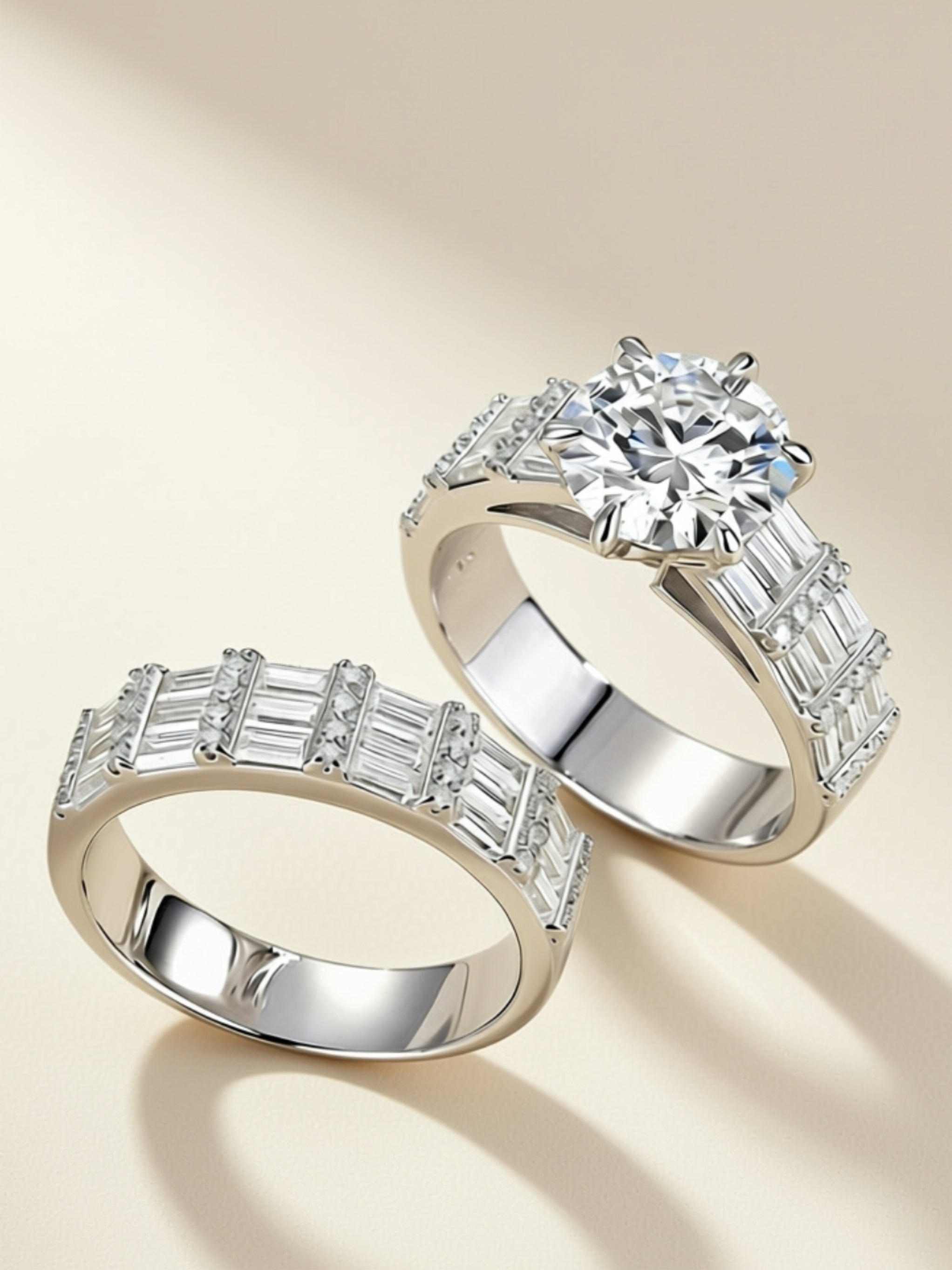 3CT Round Moissanite Bridal Ring Set - Baguette Eternity Wedding Band & Solitaire Engagement Ring