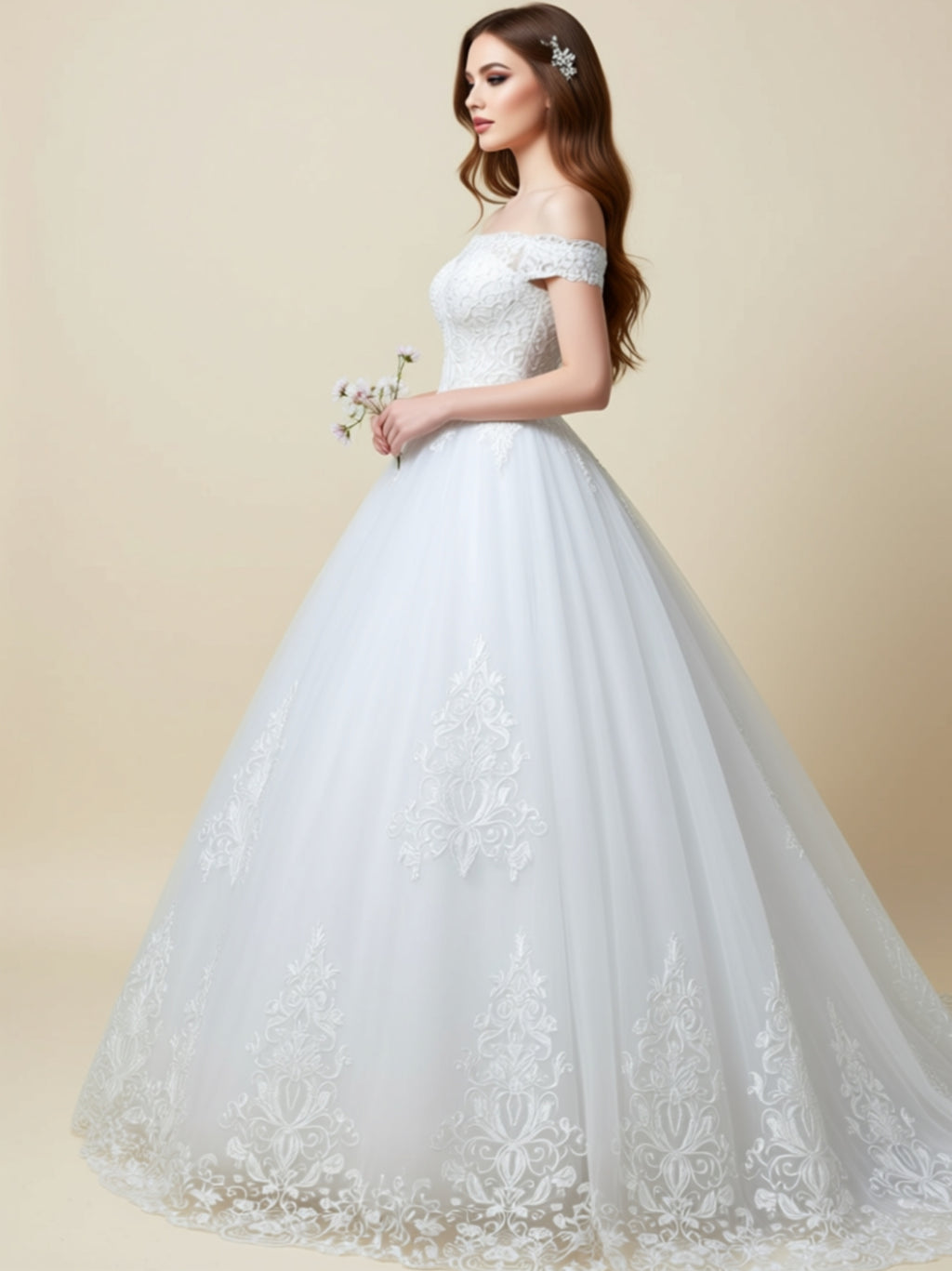 Off‑Shoulder Lace Ball Gown Wedding Dress