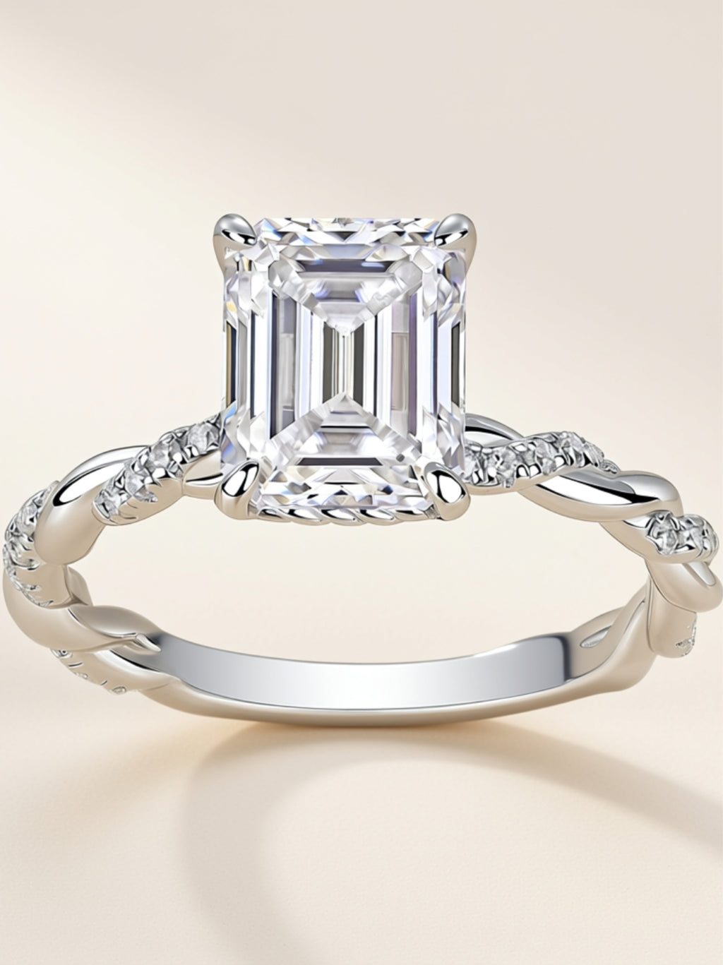 Moissanite Engagement Ring – Emerald Cut Solitaire with Twisted Pavé Band