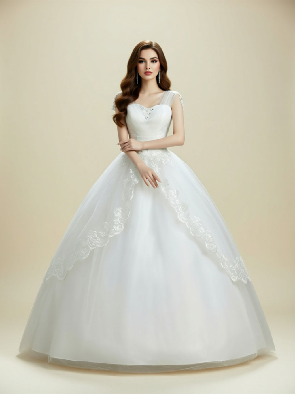 Elegant White Ball Gown Wedding Dress with Lace Appliqué & Tulle Skirt