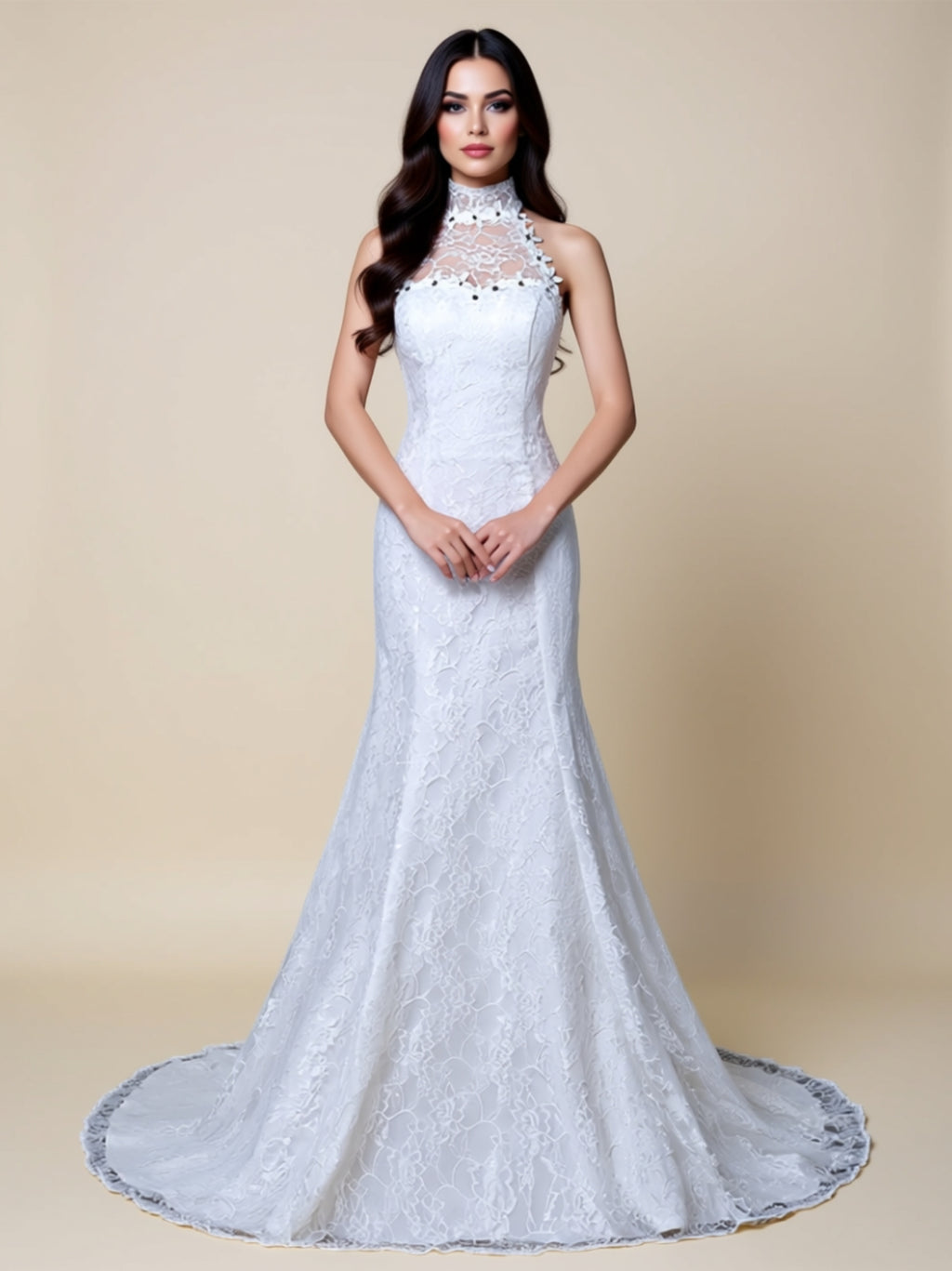 Elegant High‑Neck Lace Mermaid Evening Gown with Embellished Illusion Neckline