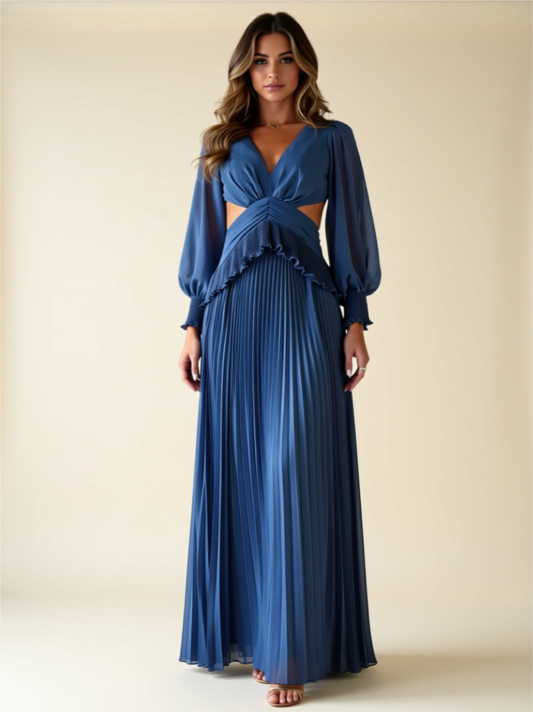Elegant Cutout Pleated Maxi Dress with Ruffled Waist & Long Sheer Sleeves