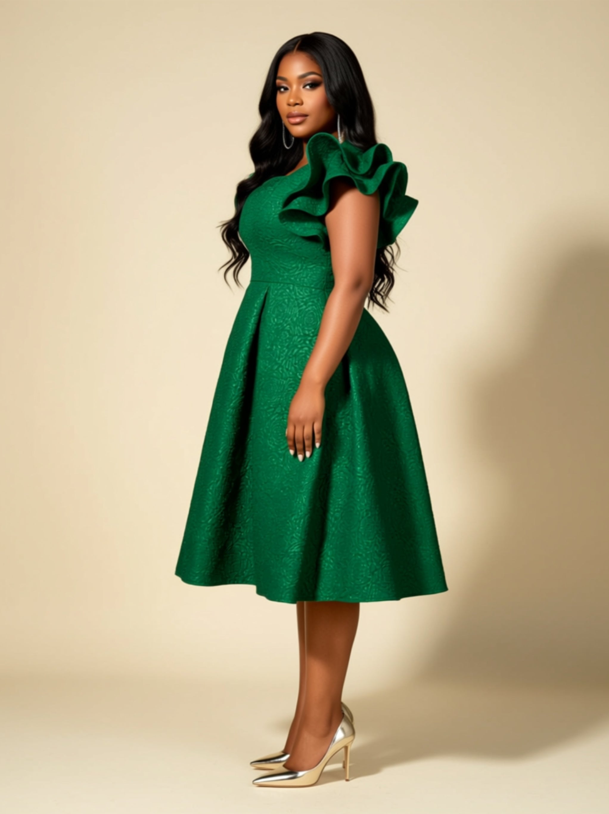 Plus Size Ruffle‑Sleeve Jacquard A‑Line Midi Dress