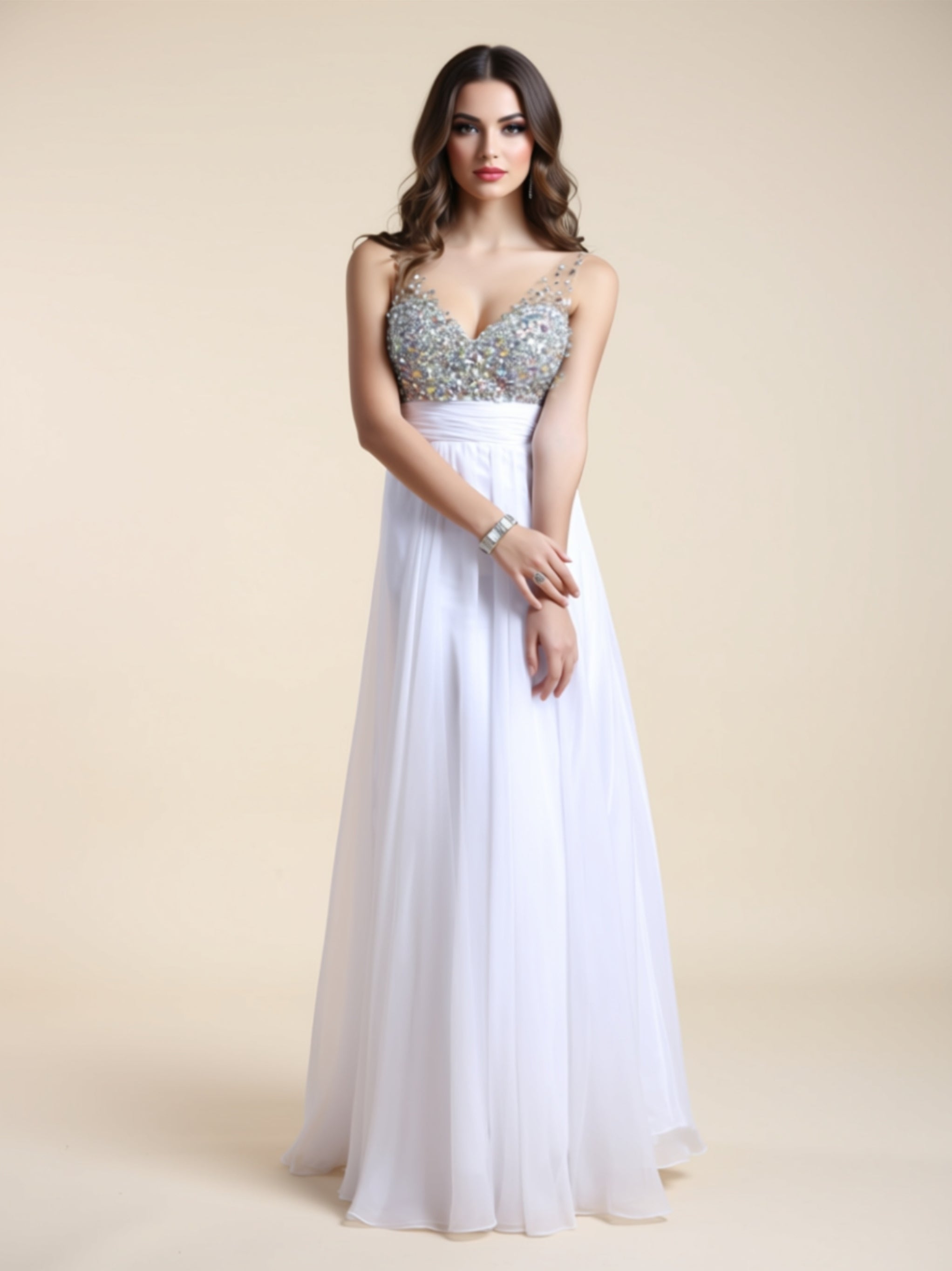 Silk Chiffon Diamond‑Embellished Evening Gown