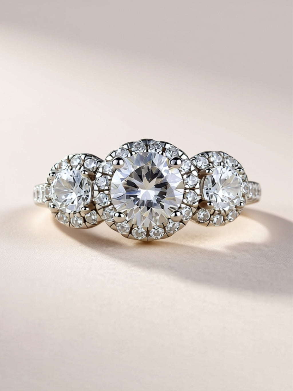 1CT Three‑Stone Moissanite Halo Engagement Ring