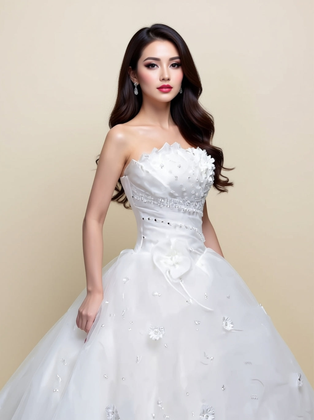 Strapless Satin & Lace Ball Gown Wedding Dress with 3D Floral Appliqué and Long Train