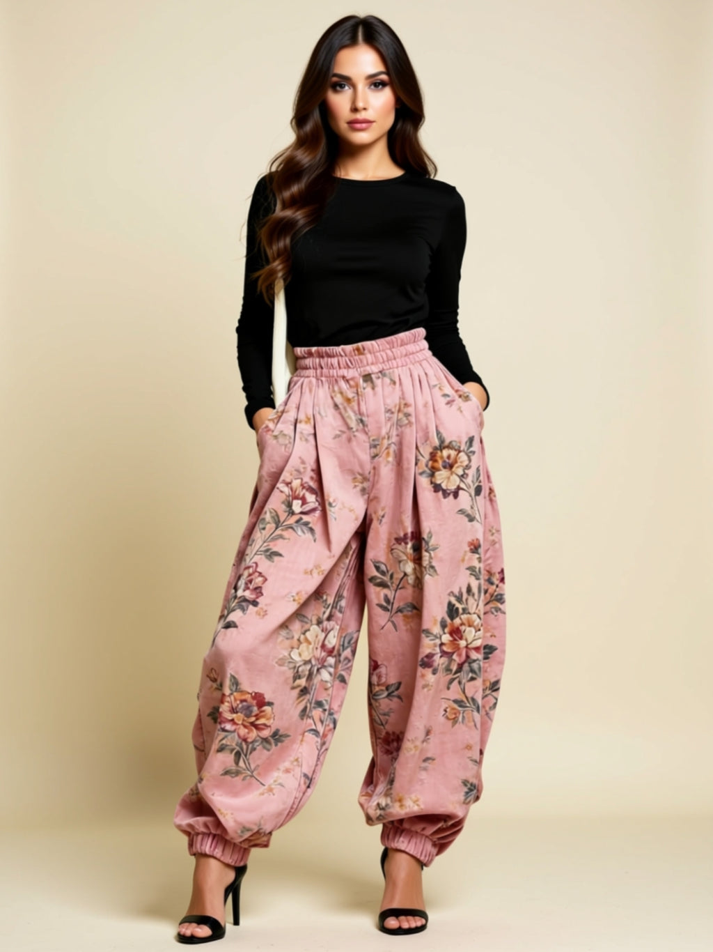 Floral High-Waisted Wide-Leg Lantern Pants with Cuffed Hem